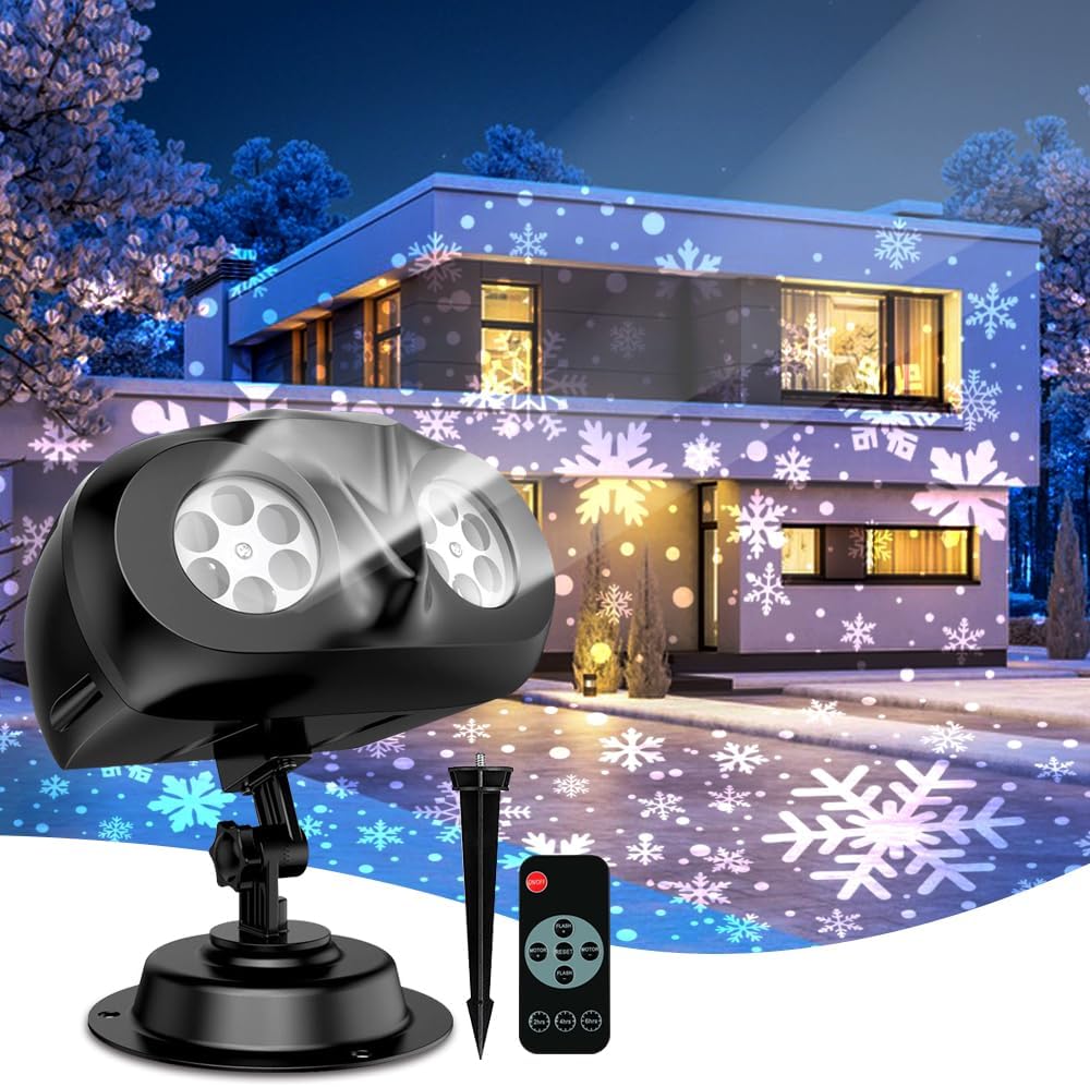 VanSmaGo Proyector LED de copo de nieve de doble cabeza mejorado, IP65 impermeable, rotación de 180, fácil instalación, gran rango de proyección,