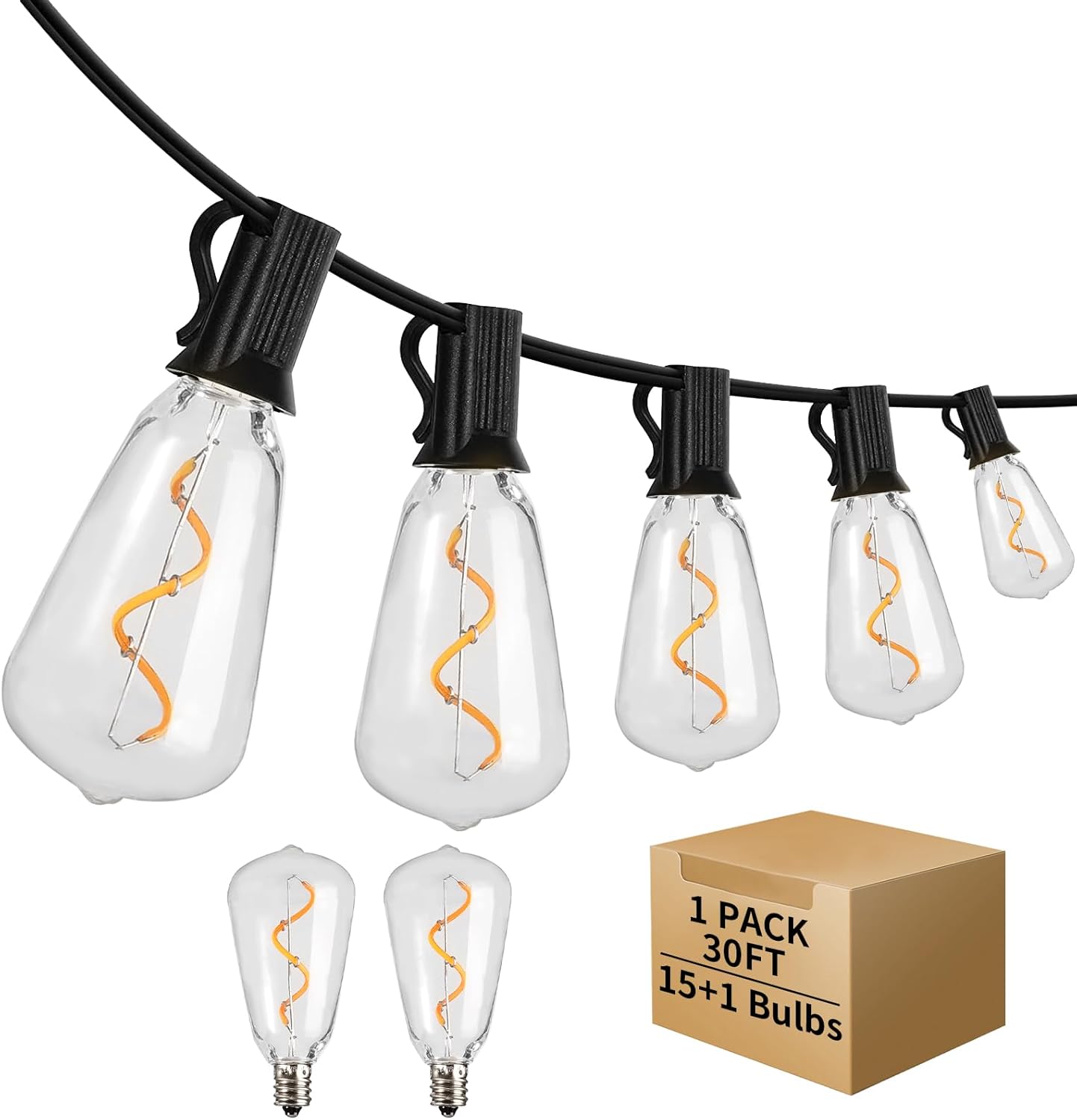 Guirnalda de luces LED para exteriores de 30 pies, impermeable, 2200 K ST38, luces LED para exteriores para patio con 16 bombillas Edison vintage