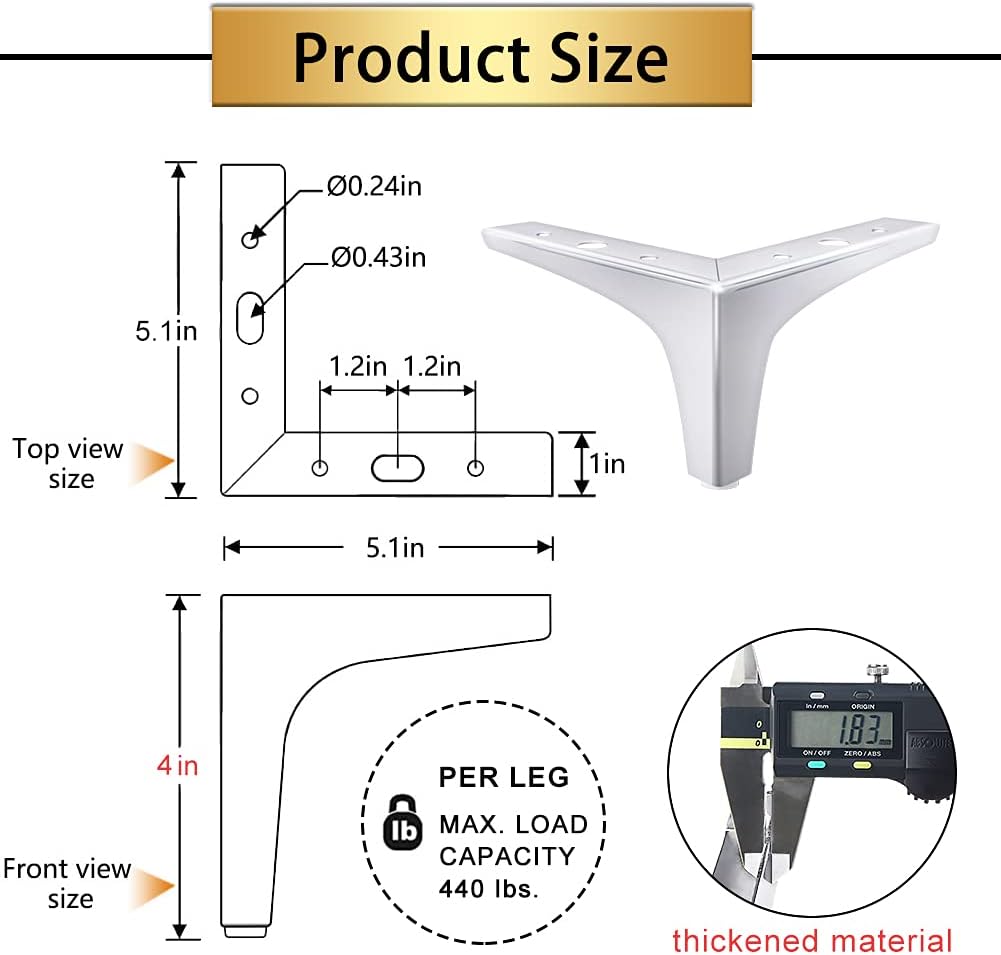 GOSCHE Juego de 4 patas de metal para muebles de 4 pulgadas, patas de sofá plateadas pulidas cromadas, patas triangulares de repuesto de estilo