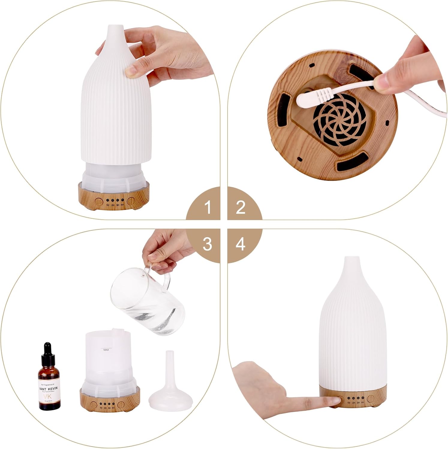 Difusor de cerámica, difusor de aceite esencial de 3.4 fl oz, difusor ultrasónico de aromaterapia de niebla fría con apagado automático sin agua, 4