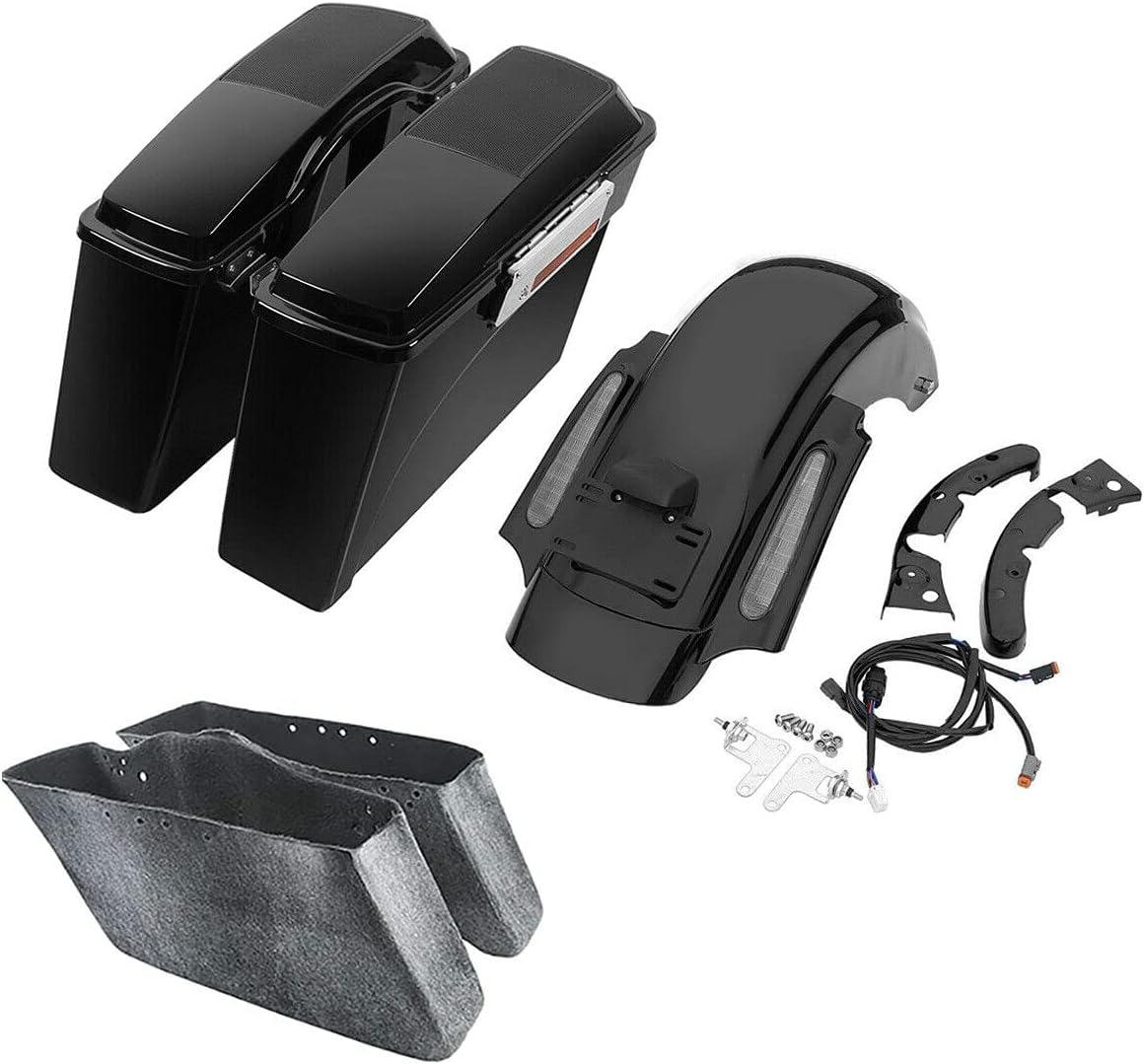 TCMT Alforjas duras de 6 x 9 pulgadas, tapas de altavoz y forros de alfombra + guardabarros trasero LED para Harley Touring Road King Electra Glide