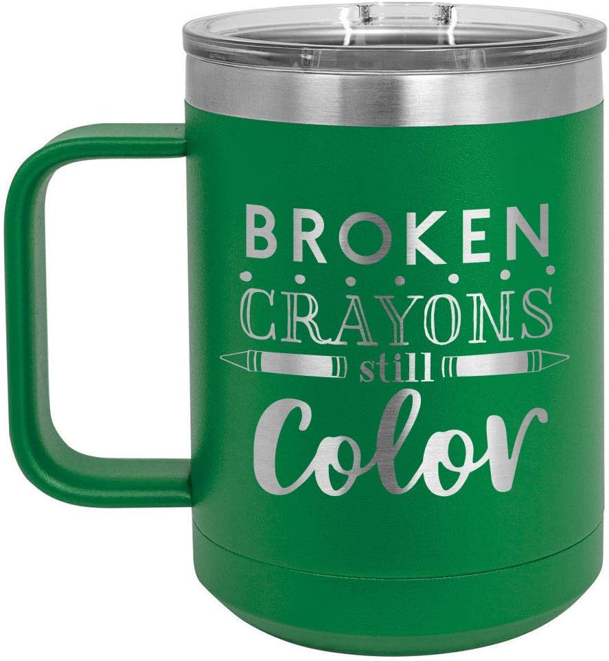 Taza de café de color verde con tapa deslizante de 15 onzas, de Broken Crayons Still, taza de café de viaje aislada, ideas de regalo de cumpleaños o