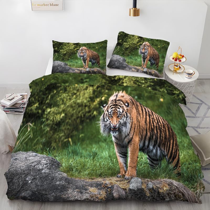 Tiger Dark Green Duvet Cover Queen Animal Print Bedding Sets Queen Soft Microfiber Comforter Cover and 2 Pillow Shams 20″X26″, Bed Set Duvet Covers