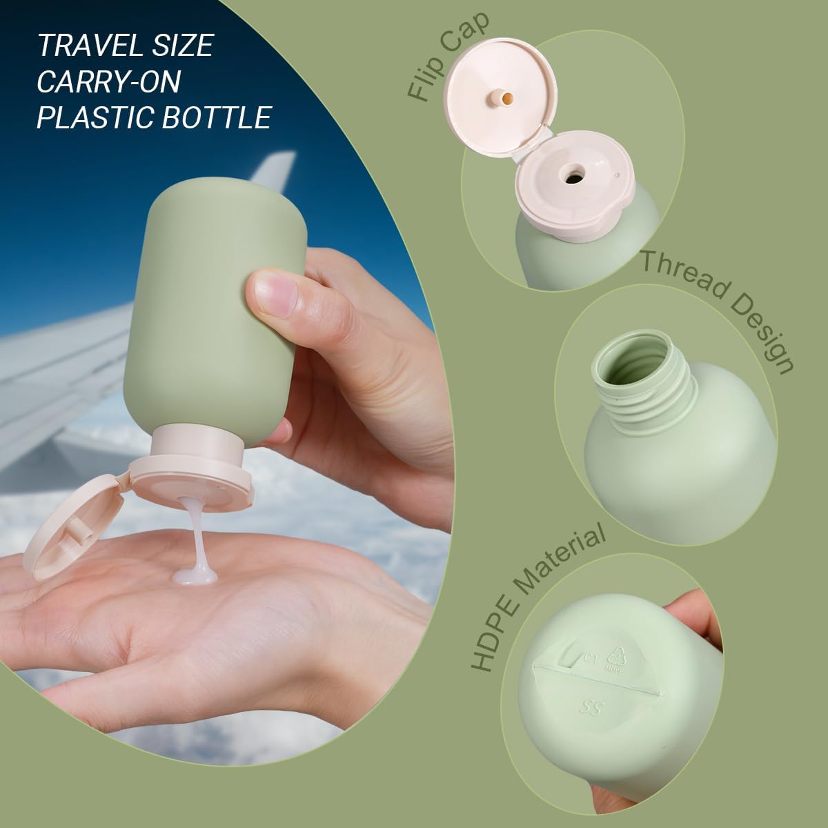 Botellas de champú de viaje pequeñas de plástico de 3.4 onzas, botellas recargables con tapa abatible para artículos de tocador, botellas de champú