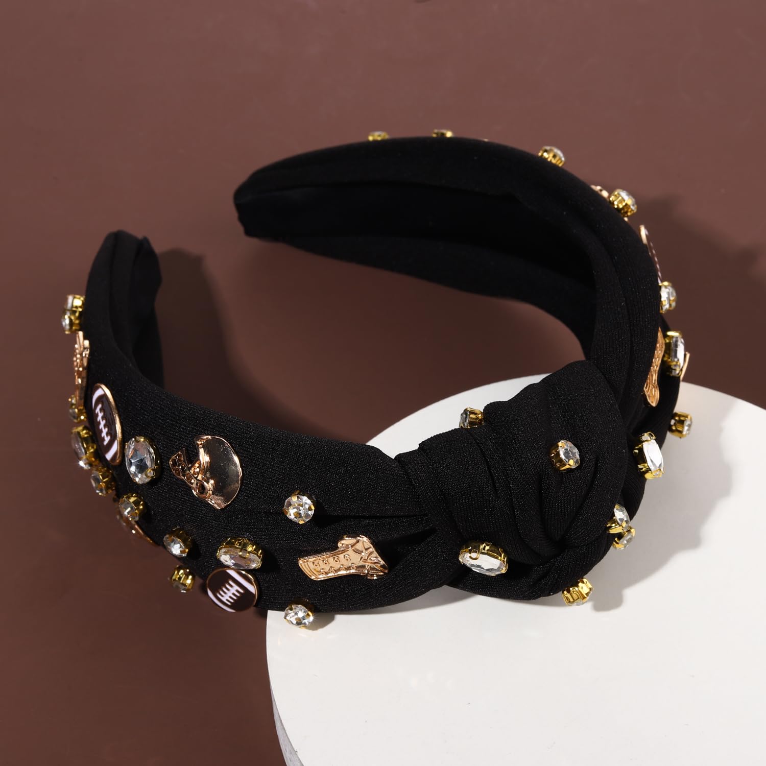 Diadema anudada de fútbol para mujer, deportiva con perlas blancas y diamantes de imitación, diadema divertida con nudo torcido, accesorios para el