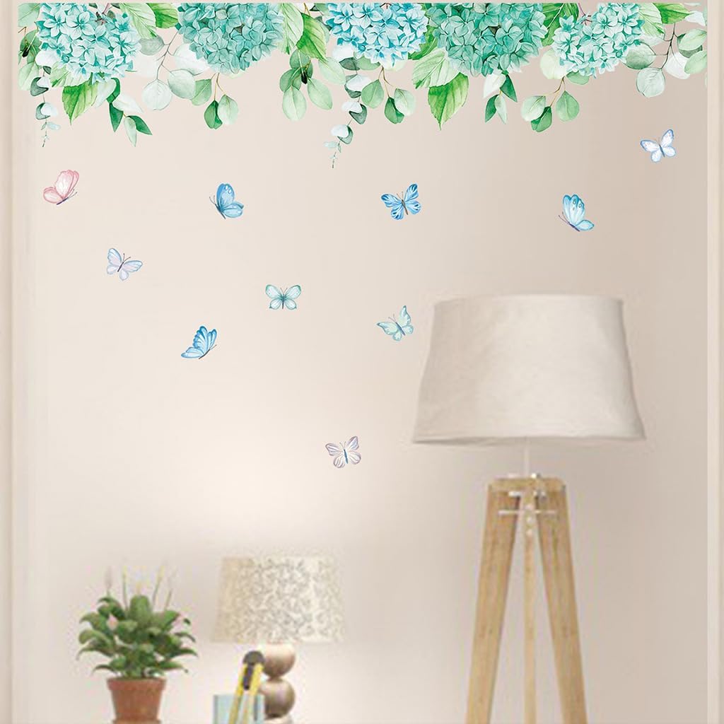 duahappy Adhesivo de pared de hortensias para ventana, PVC de doble cara con hojas de eucalipto y mariposas florales, anticolisión, calcomanías