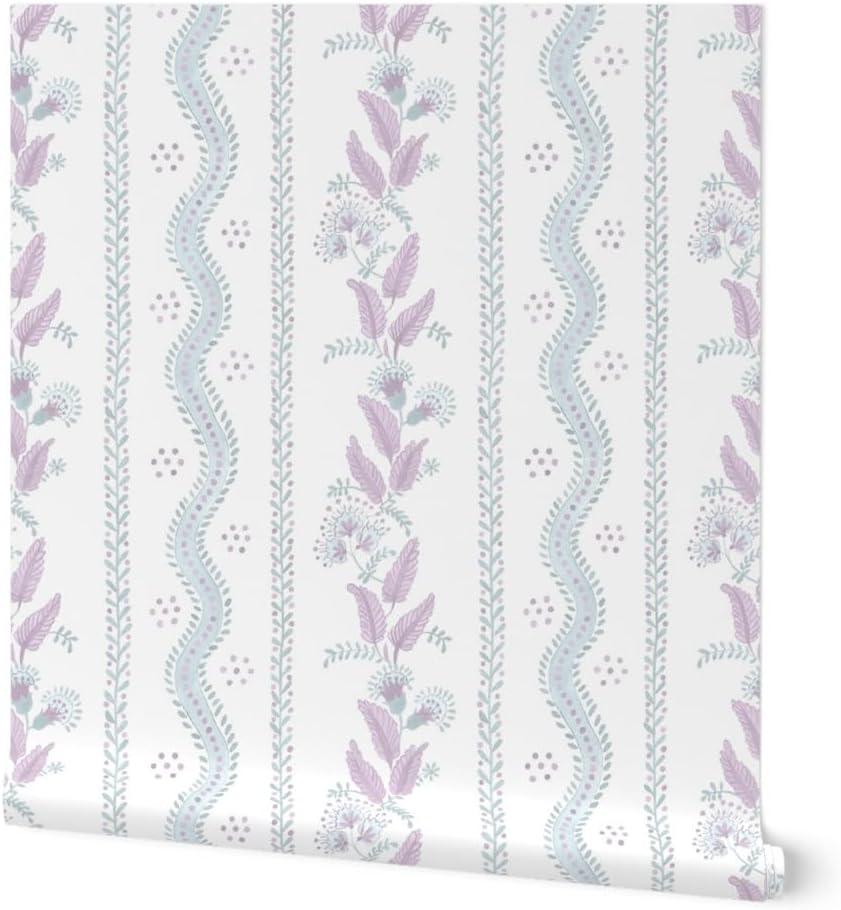 Spoonflower Papel tapiz extraíble – Cottagecore Floral Stripe Botánico Grandmillennial Púrpura Azul Papel pintado tradicional prepegado personalizado