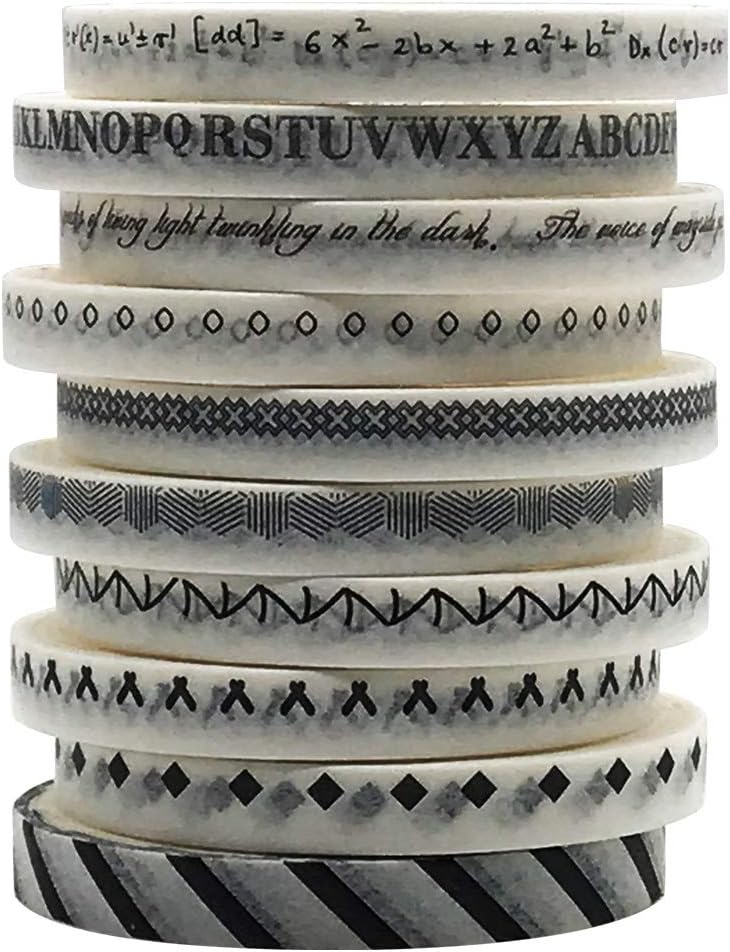 ZMLSED Juego de cintas washi delgadas de 0.197 in de ancho, 10 rollos de cintas decorativas minimalistas de estilo blanco y negro japonés para