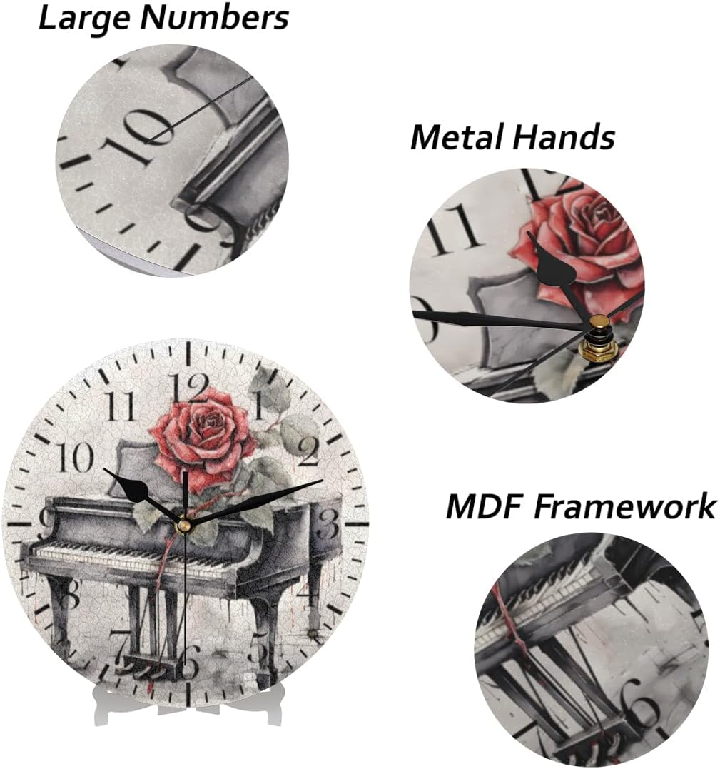 Reloj de pared de piano vintage, silencioso sin tictac, música de rosas, reloj analógico, funciona con pilas, decorativo para sala de estar,