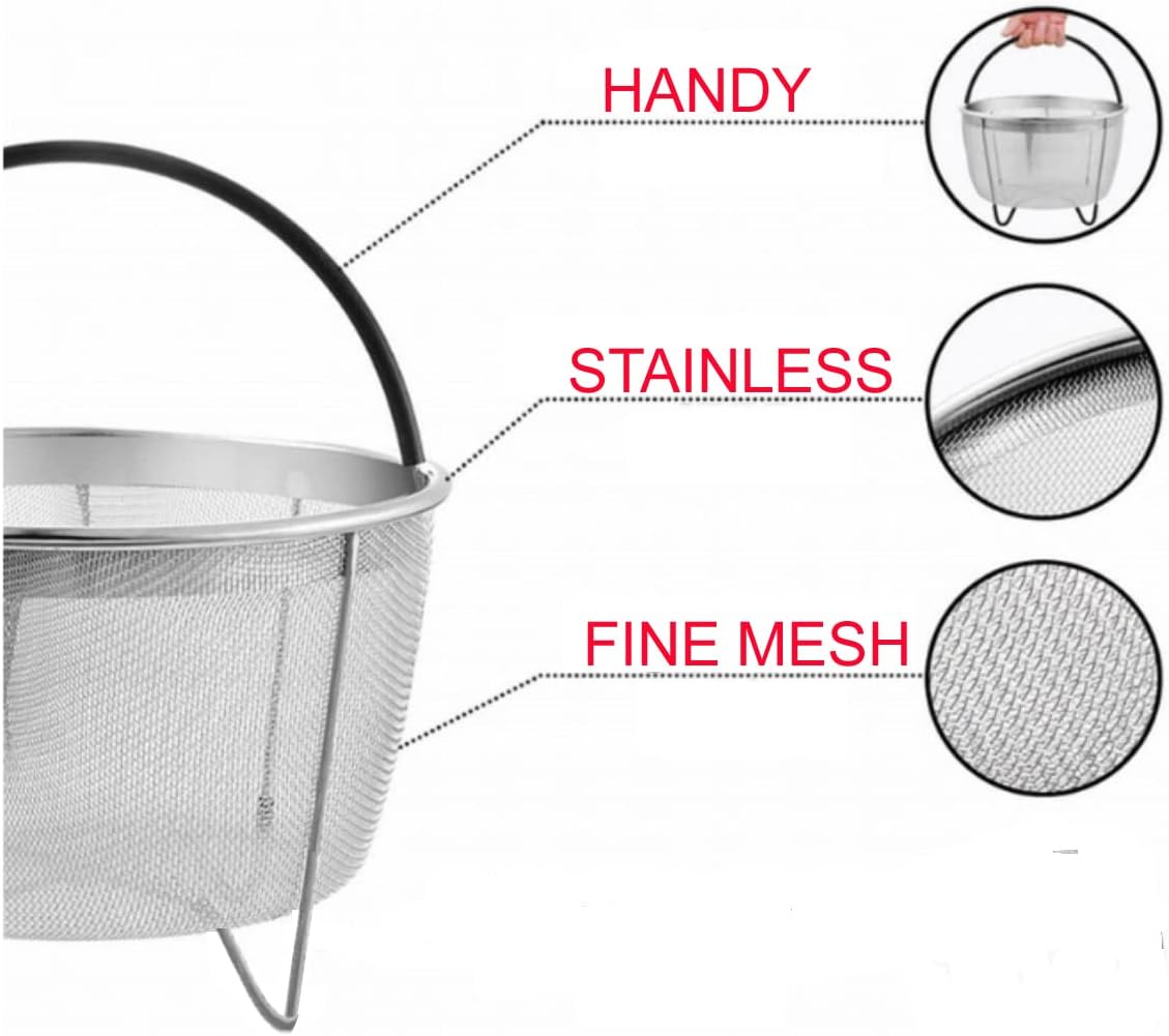 Cuisinox Cesta de vapor de acero inoxidable de 6 cuartos de galón con mango de silicona para olla instantánea al vapor, verduras, huevos, carnes,