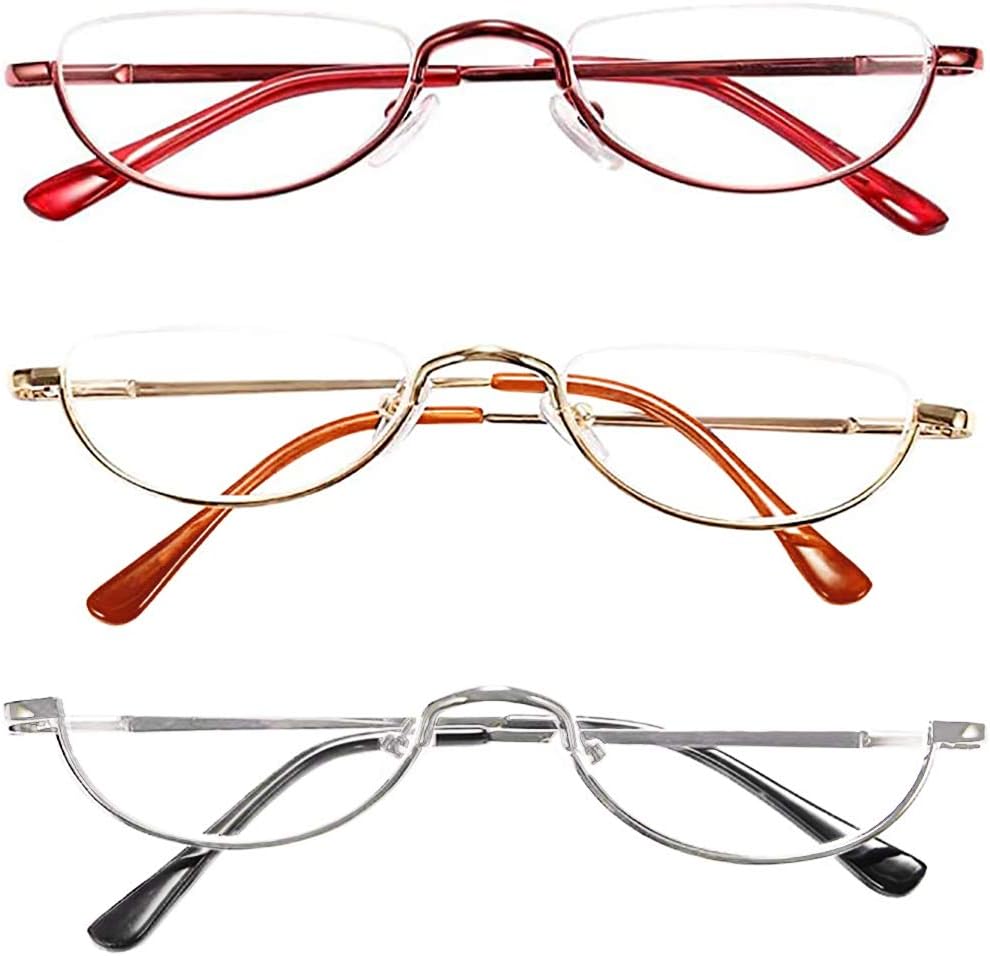 REAVEE Paquete de 3 lentes de lectura de aleación de diseño retro de medio marco, para mujeres y hombres, bisagra de resorte para lectores de media
