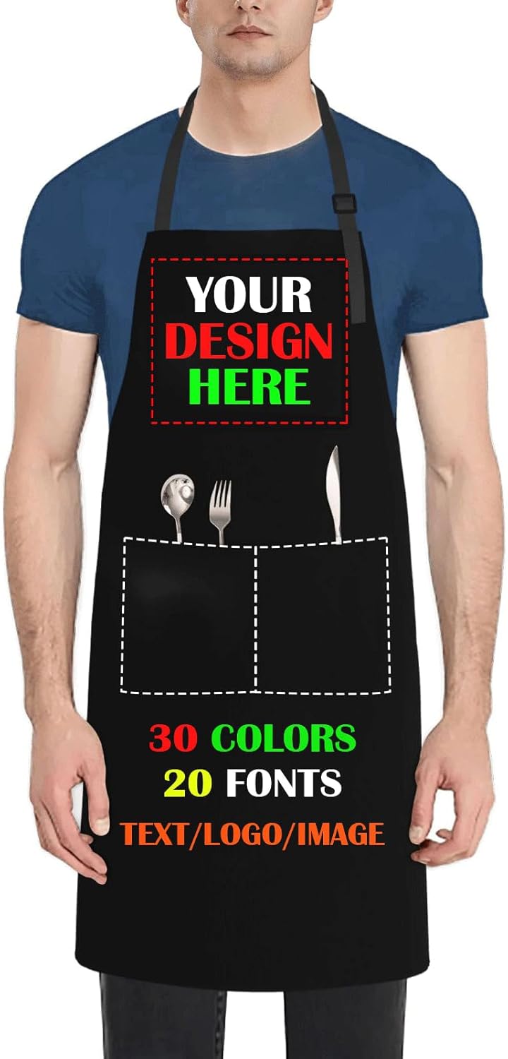Delantal personalizado con 2 bolsillos, delantales personalizados impermeables para añadir tu imagen de texto para cocinar, barbacoa, cocina, asar a
