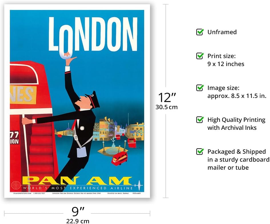 Londres, Inglaterra – Autobuses de dos pisos, Bovril y Schweppe – Pan American World Airways – Póster vintage de viaje de aerolínea por Aaron Fine