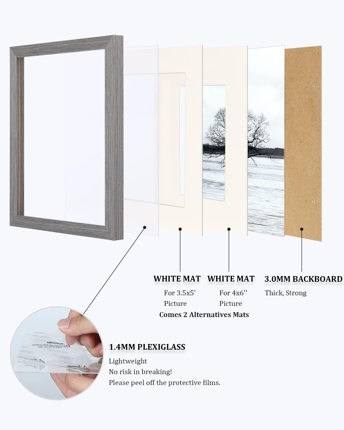 Egofine Portarretratos de 5 x 7 de madera maciza con plexiglás, para exhibir fotos de 3.5 x 54 x 6 con paspartú o 5 x 7 sin paspartú, juego de 4