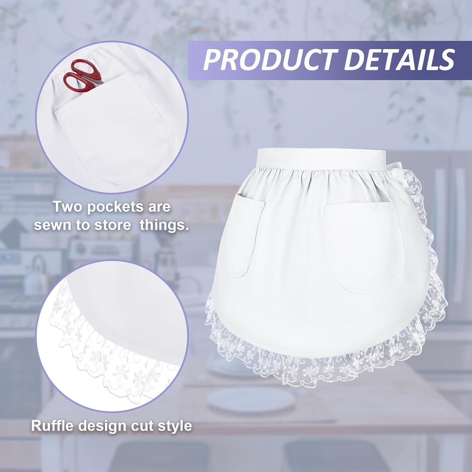 TopTie Delantal de cintura de algodón con bolsillos para mujer, medio delantal de encaje de cocina de Navidad para cocinar