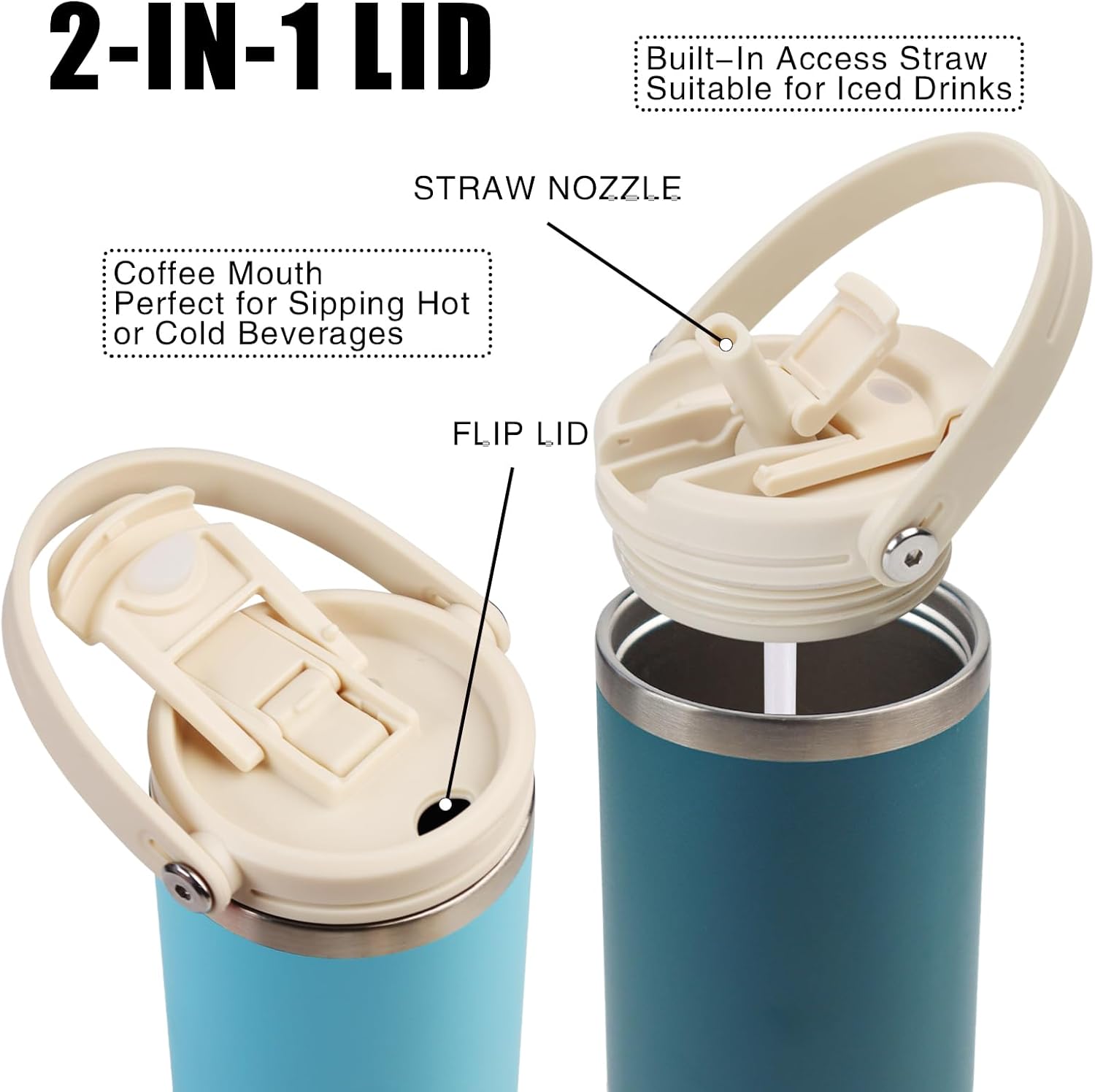 Vaso de café de 30 onzas con asa, vaso de café aislado con tapa 2 en 1 a prueba de fugas y popote, taza de café aislada al vacío de doble pared,