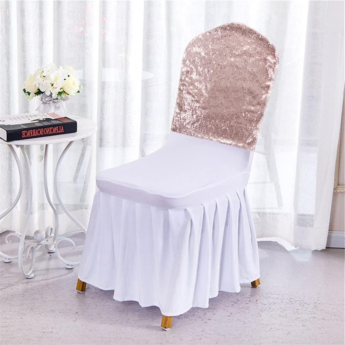 Poise3EHome Juego de 4 fundas de lentejuelas para respaldo de silla, fundas plegables de color oro rosa para fiestas, bodas, banquetes, recepciones