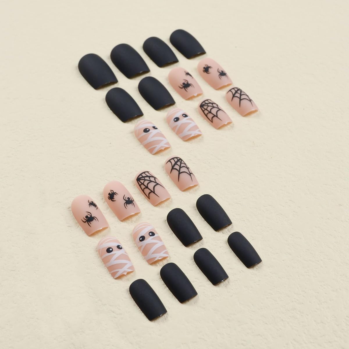 24 uñas postizas cuadradas medianas con telarañas, diseño de arañas, arañas, diseño de arañas zombies, uñas adhesivas de cobertura completa, uñas