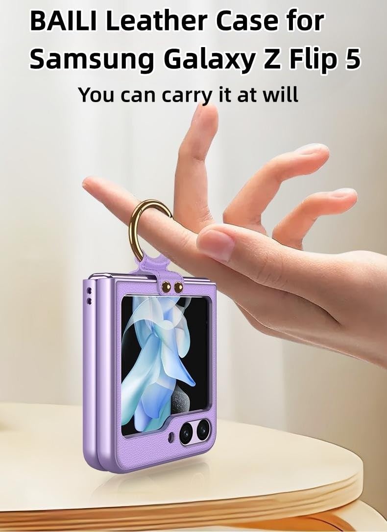BAILI Funda de piel para Samsung Galaxy Z Flip5, Galaxy Z Flip 5 con anillo y película protectora de pantalla pequeña integrada, funda protectora