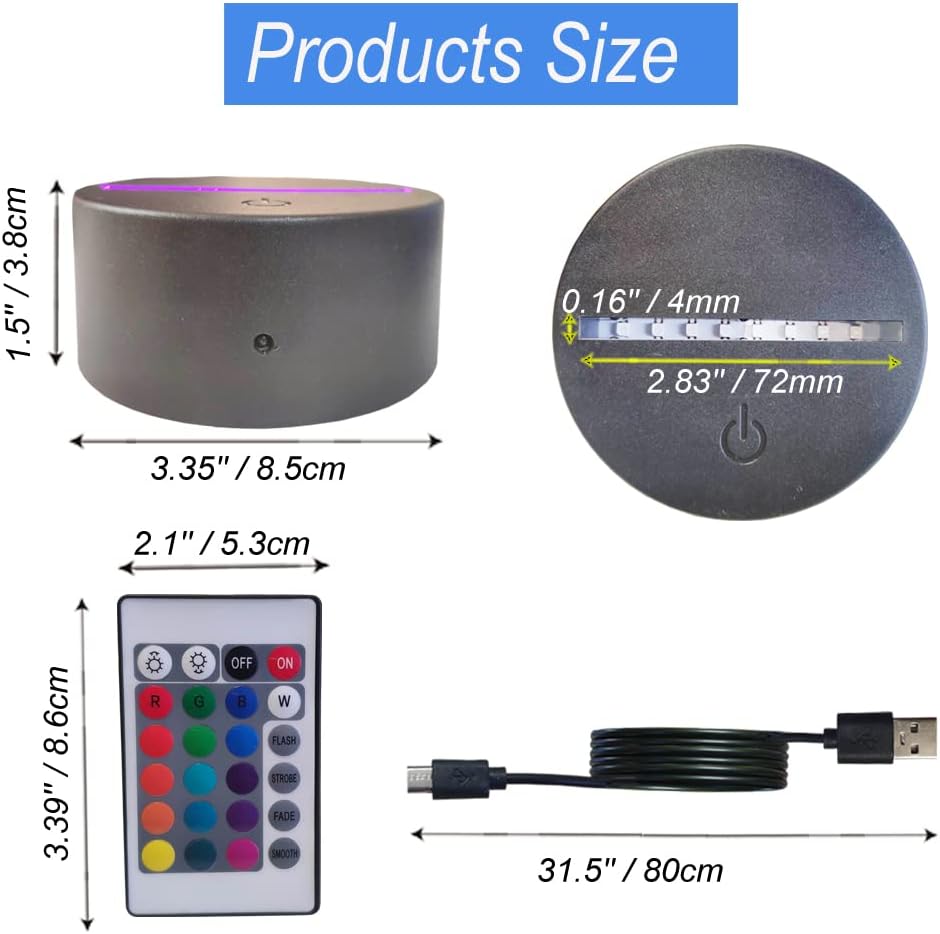 Paquete de 160 bases de luz LED nocturna 3D para lámpara de ilusión 3D, panel acrílico de 0.157 in, batería AA o CC 5 V, USB, 16 colores, luces