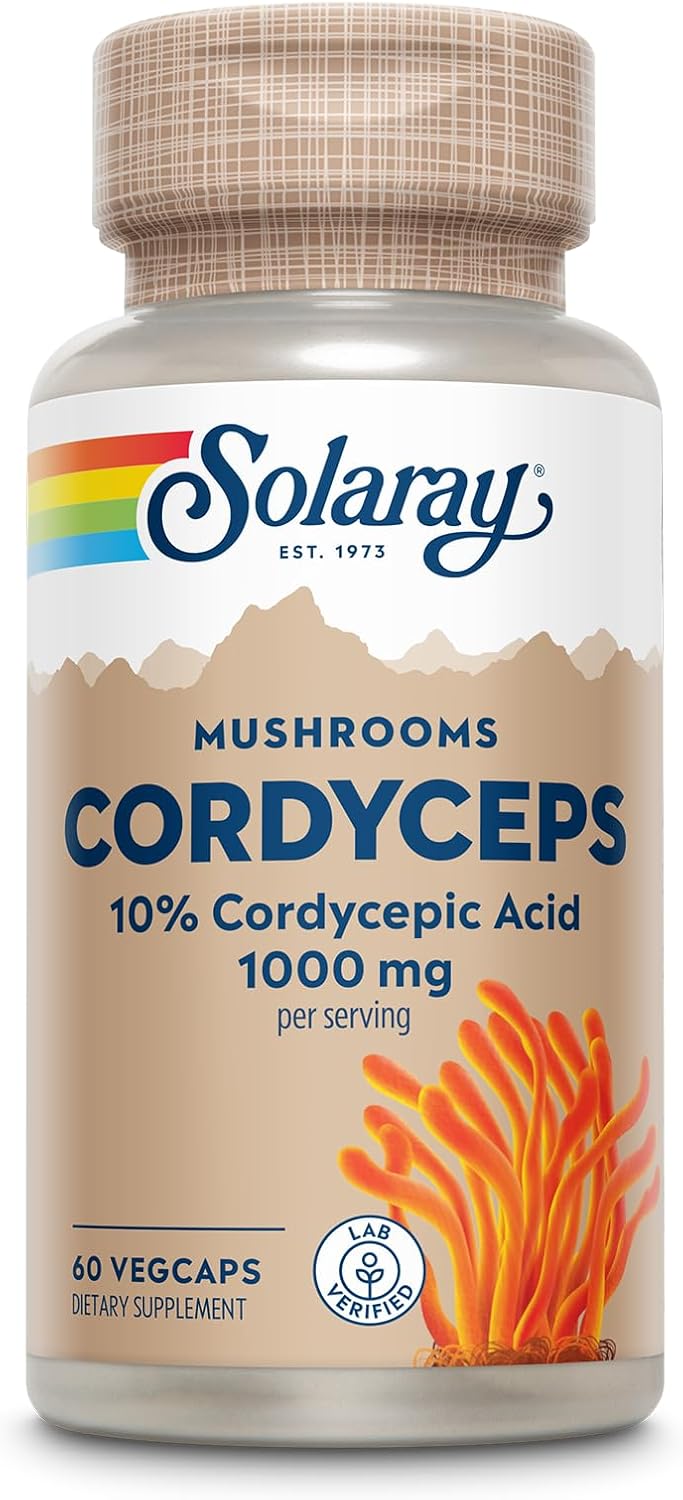 Solaray Seta de potencia garantizada, extracto de Cordyceps, tapa vegetal (Btl-plástico) 1000mg  60ct