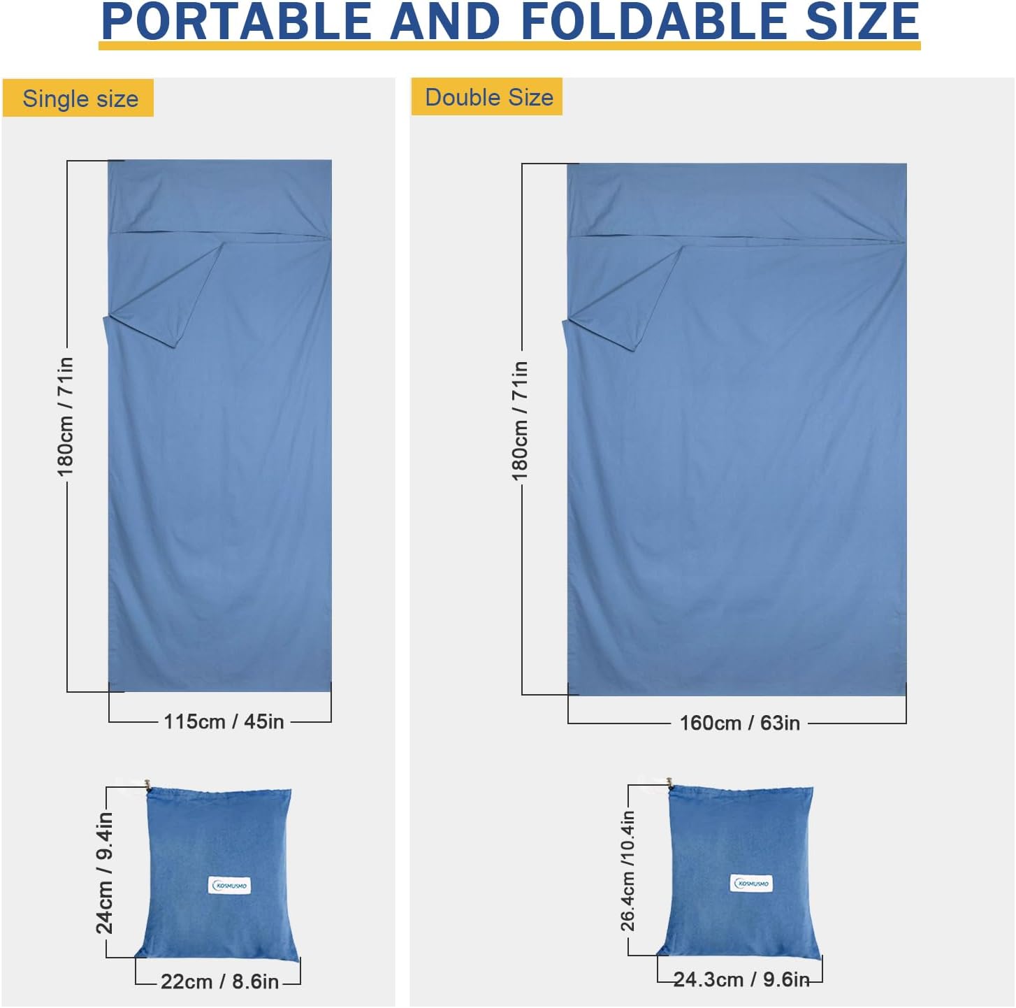 KOMUSMO – Forro para saco de dormir con cremallera, saco de dormir ligero de viaje, portátil, compacto, para campamento, longitud completa y 4