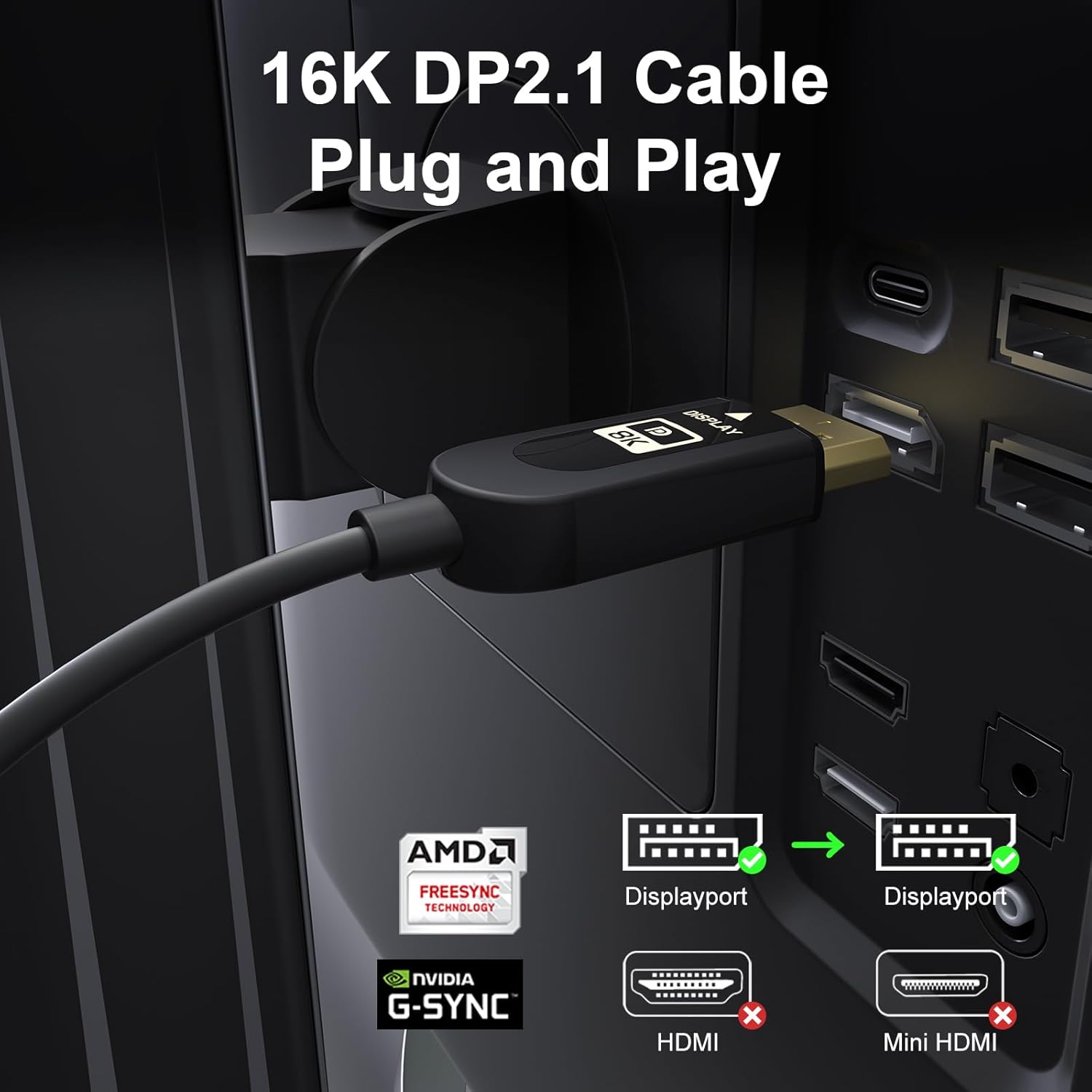 FIBBR Cable DisplayPort 2.1 certificado, cable DP2.1 de 80 Gbps para pantalla de video, cable de puerto compatible con 16K 60Hz, 10K 60Hz, 8K 60Hz,