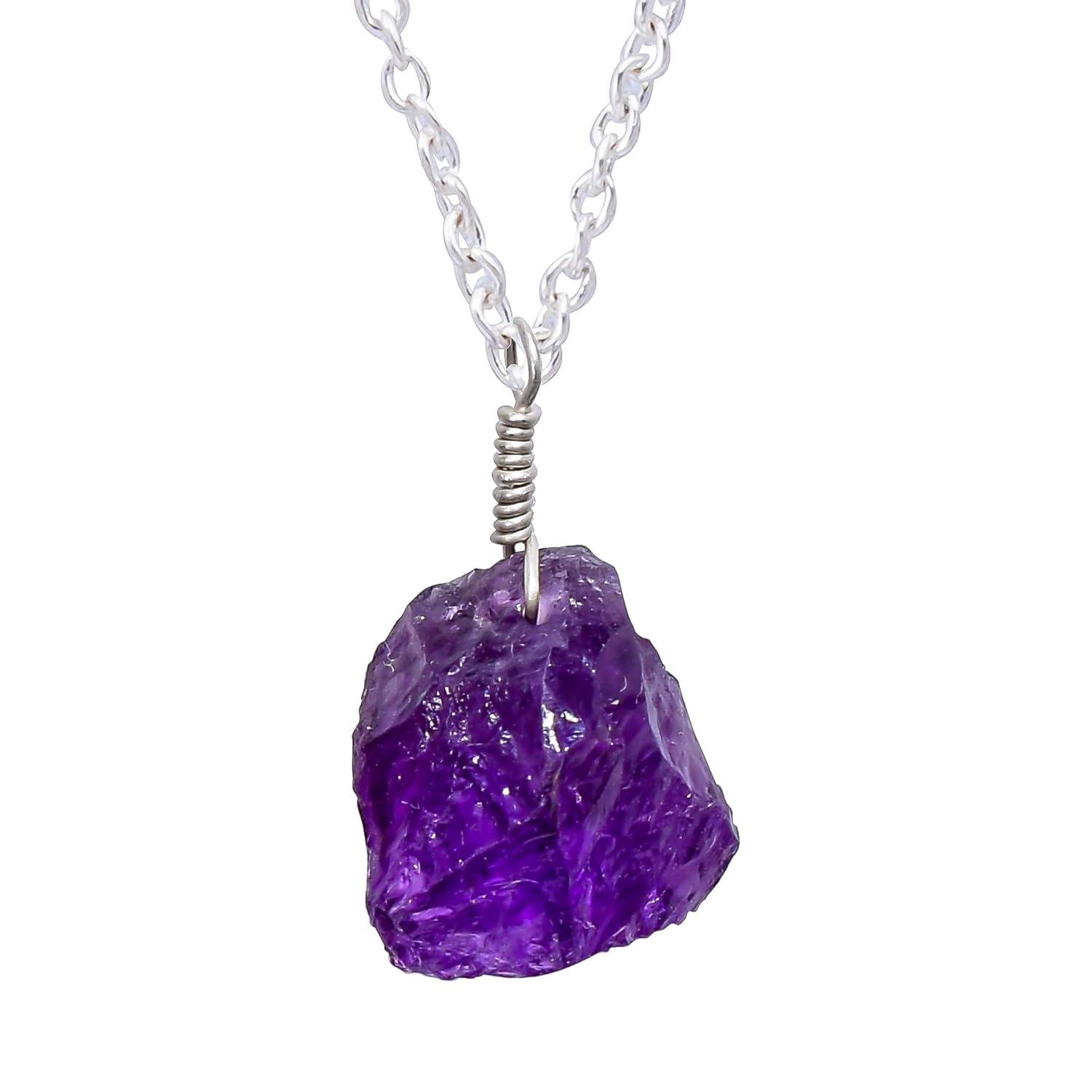 AURA GEMS Natural Amethyst Raw Pendant Necklace, Real Purple Melody Super Seven Gemstone, Healing Crystal, February Birthstone, Zodiac, Silver