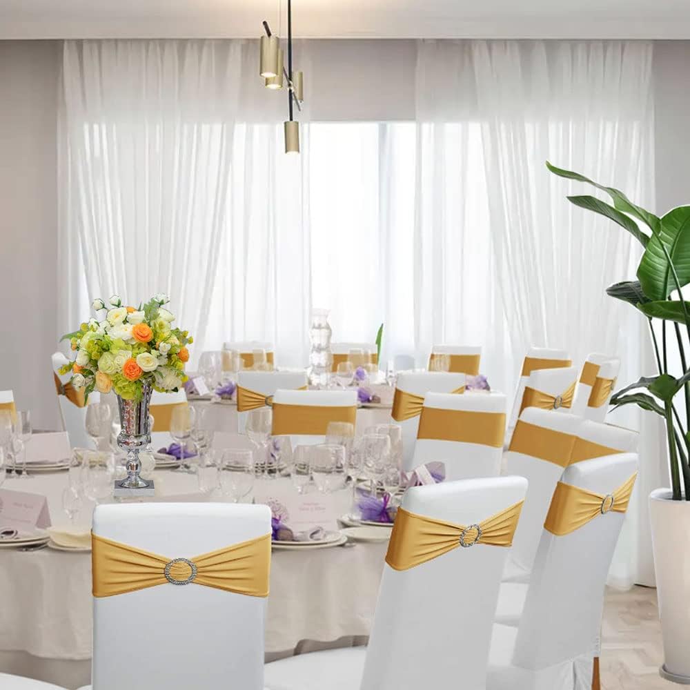 Bandas elásticas para sillas de elastano con hebilla deslizante para decoración de bodas y fiestas (dorado, 25 unidades)