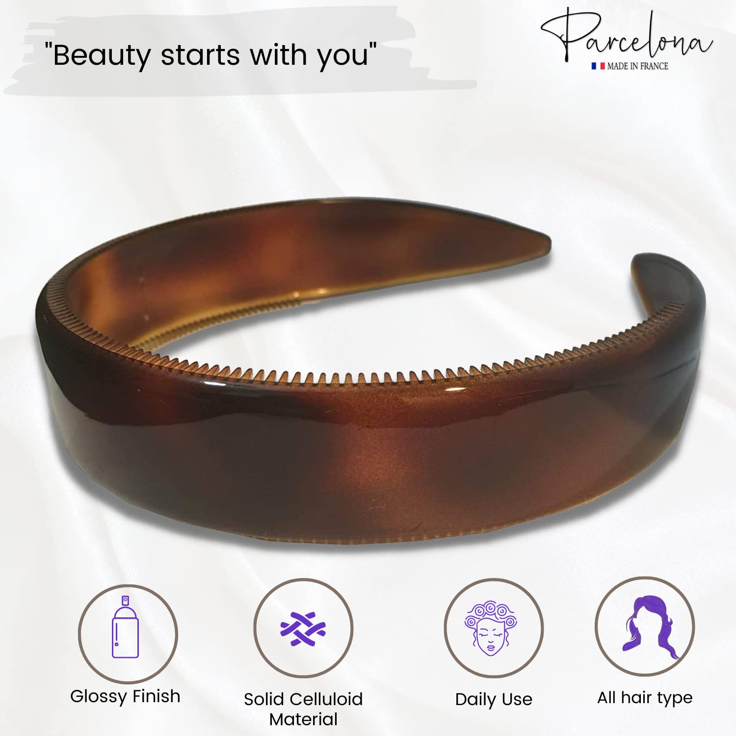 Parcelona Diadema de pelo flexible de celuloide marrón con concha de tortuga francesa extra ancha para mujer, agarre fuerte, antideslizante,