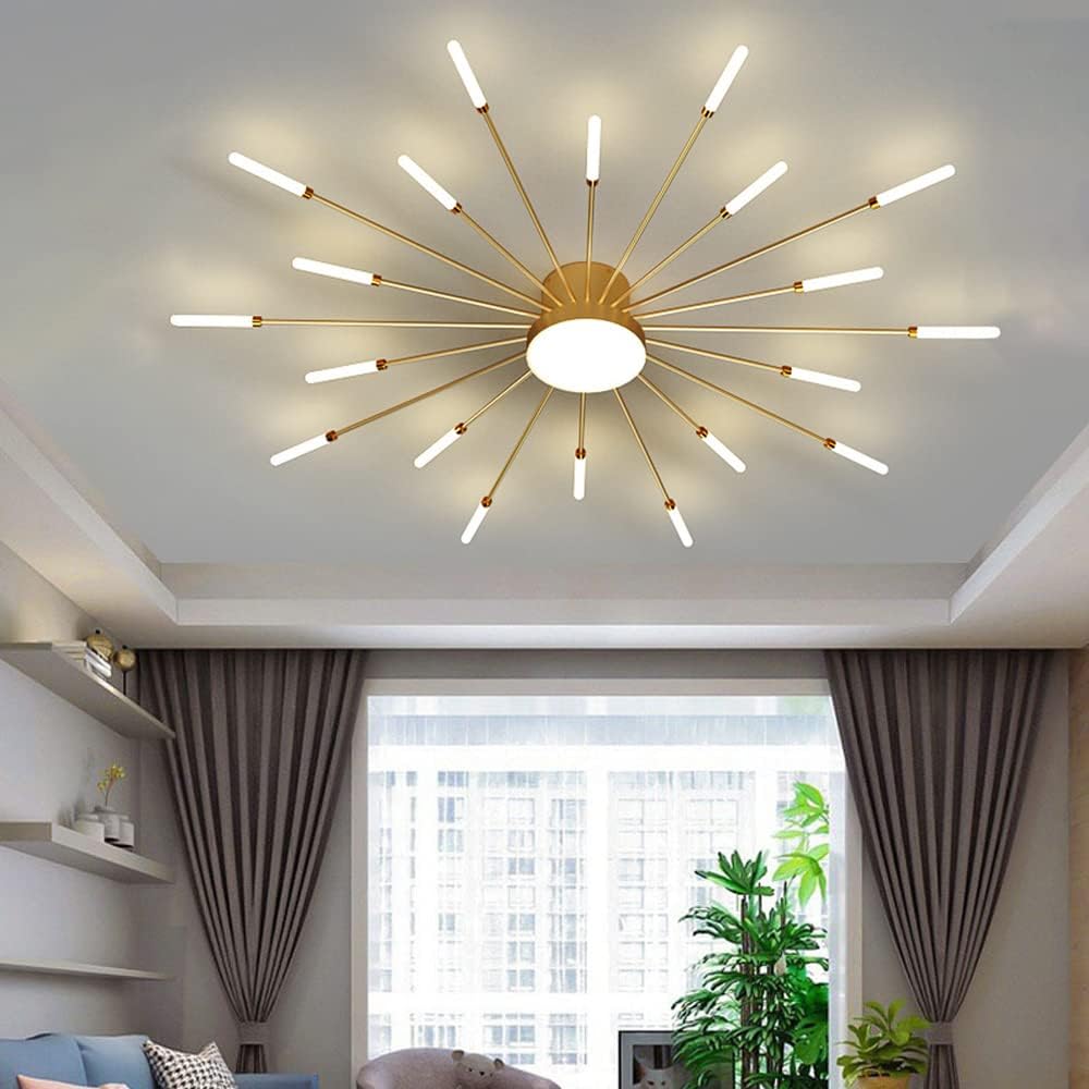 Liudefa Lámpara de techo LED de 42 pulgadas, 20 luces de techo modernas, lámpara de techo empotrada, iluminación de interior dorada para sala de