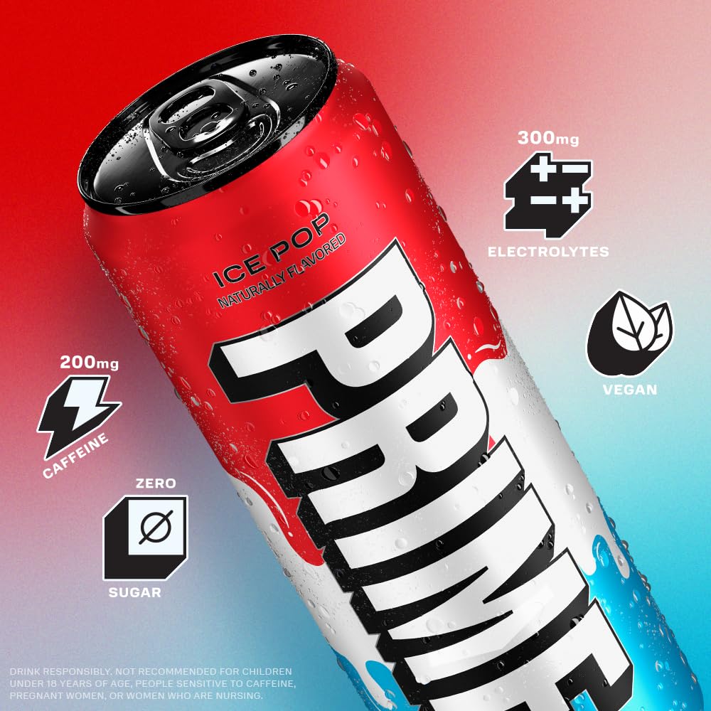 PRIME Energy ICE POP  Bebida energética sin azúcar  Energía preentrenamiento  200 mg de cafeína con 355 mg de electrolitos y agua de coco para