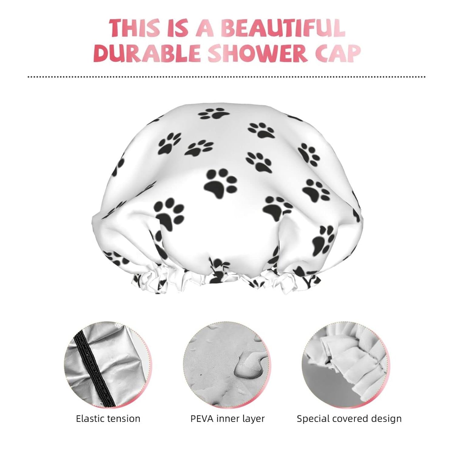 Gorro de ducha reutilizable con estampado de patas de perro para mujer, pelo largo, doble capa impermeable, gorro de ducha para niños, niñas y