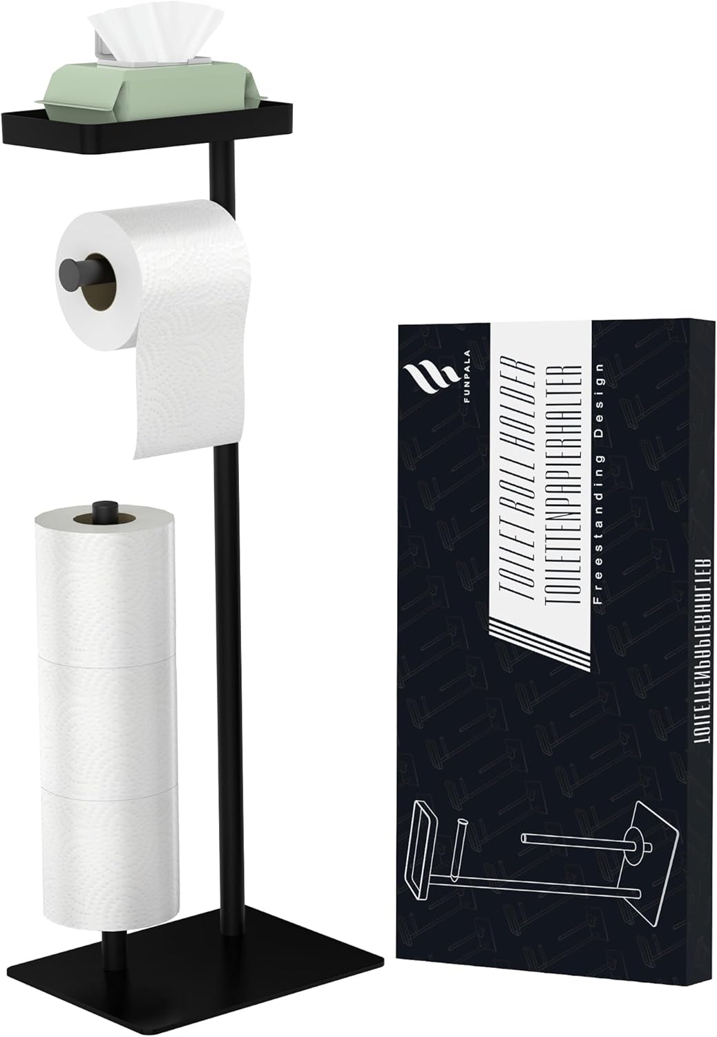 Soporte de papel higiénico de pie, soporte de papel higiénico de pie, soporte de rollo de papel higiénico de baño con almacenamiento con diseño de