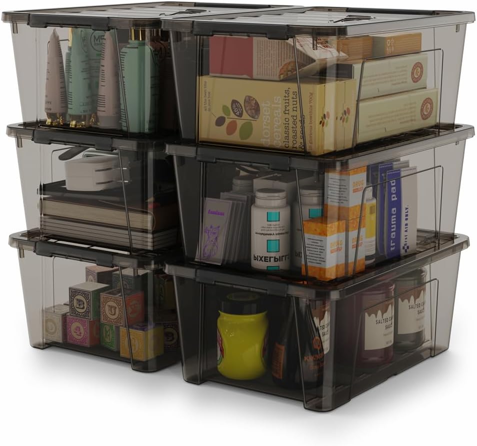 WYT Contenedor pequeño de plástico de 5 cuartos de galón con tapas seguras y hebillas de pestillo, organizador apilable duradero negro transparente,