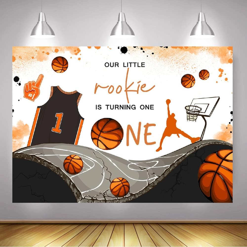 Mocsicka Telón de fondo con tema de baloncesto para el primer cumpleaños para niño, Our Little Rookie is Turning One, decoraciones de fiesta,