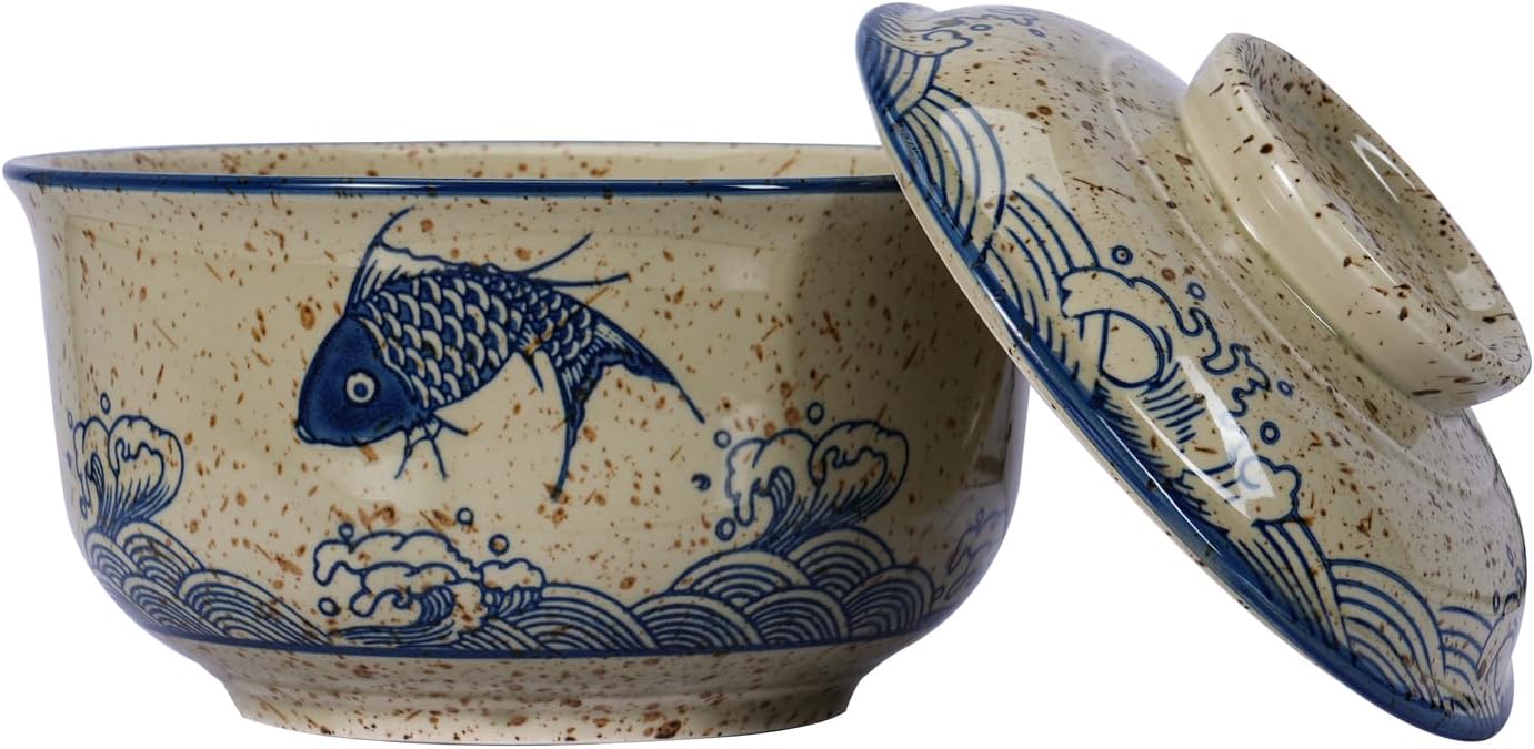 6.5 nch – Tazón de avena de cerámica retro con tapa para sopa de fideos ramen, vajilla de ensalada de frutas personalizada estilo japonés (6.5