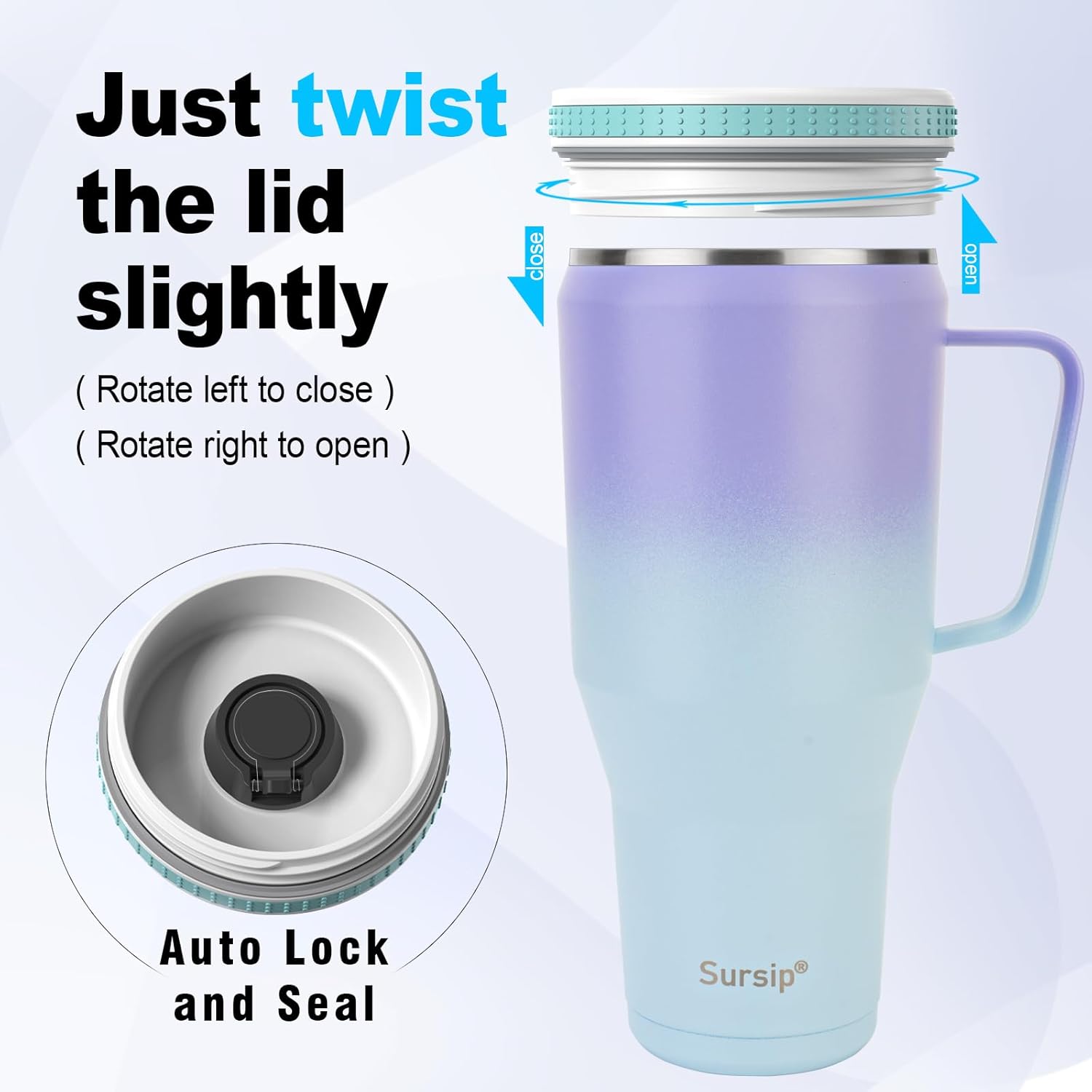 Sursip Vaso de 50 onzas con asa y tapa con pajilla, de acero inoxidable aislado al vacío, para café, viaje, mantiene el frío durante 24 horas, a