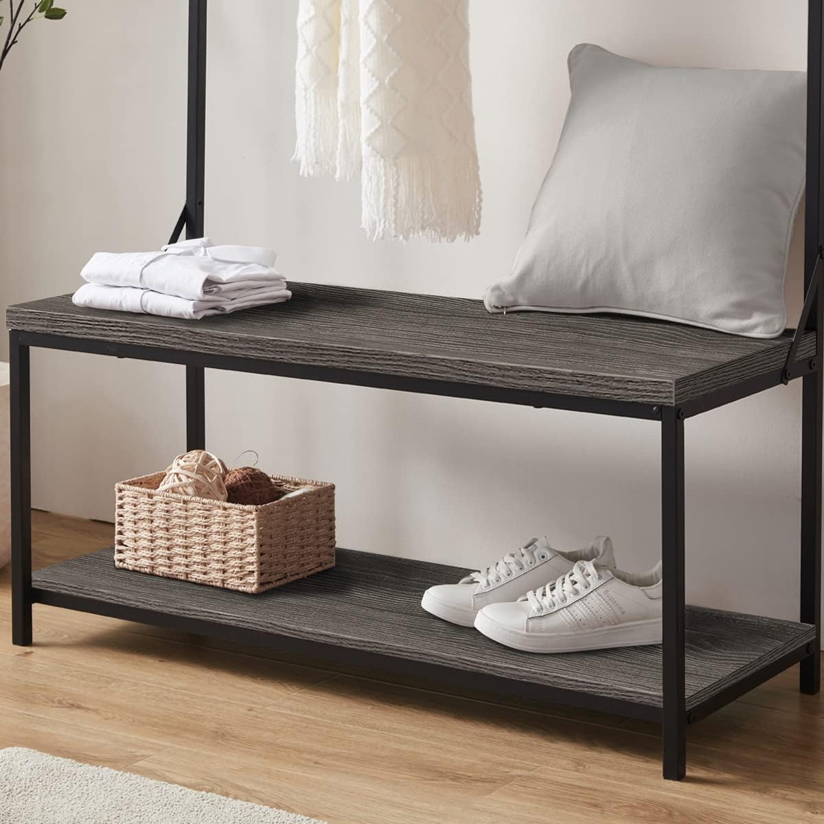 IBF Perchero con banco de zapatos, árbol de pasillo 3 en 1 con banco de almacenamiento para entrada, árbol industrial de metal y madera con estante