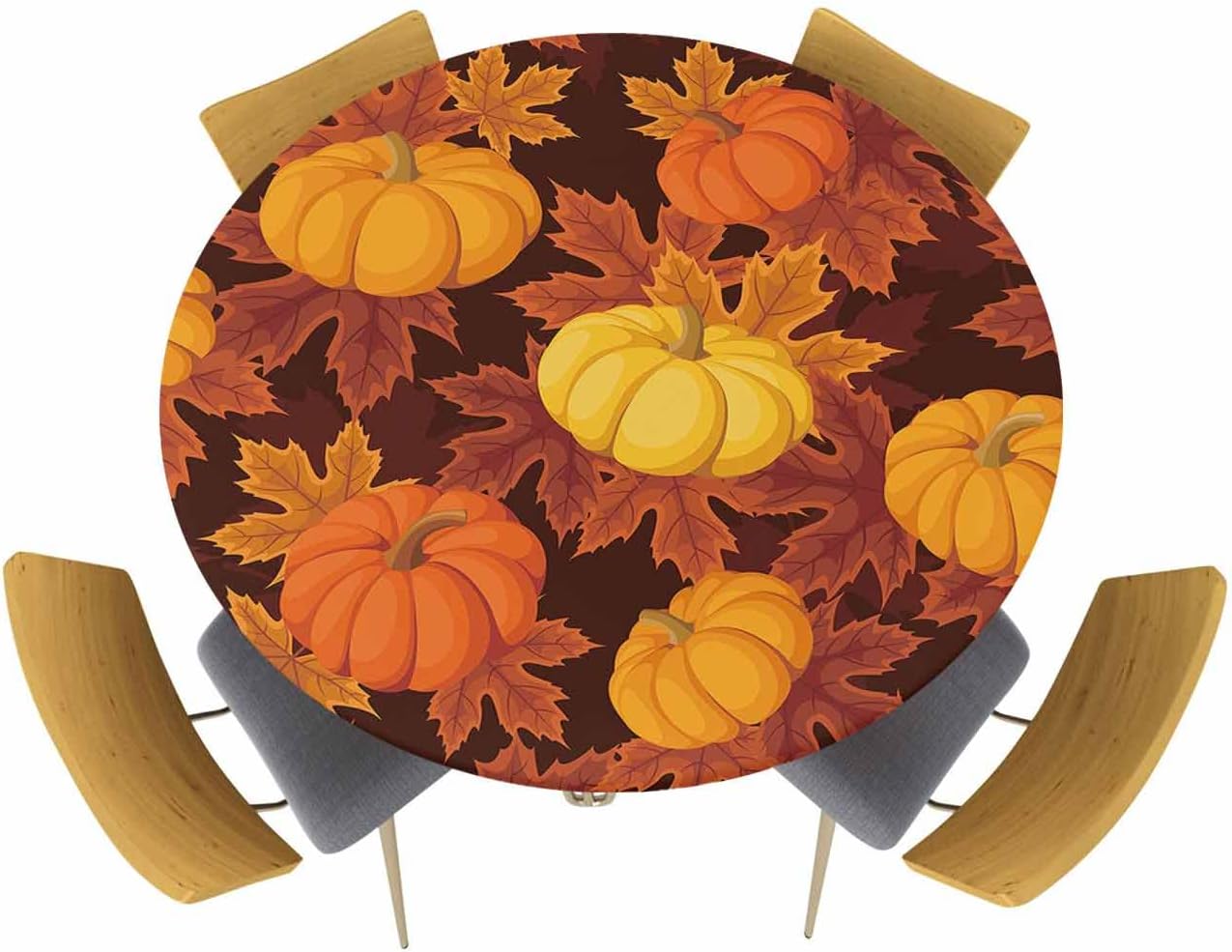 Mantel redondo ajustable con diseño de hojas de arce y calabaza de otoño, mantel con borde elástico, impermeable, mantel circular de cosecha de