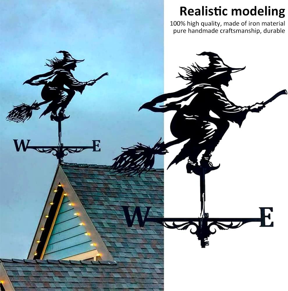 Veleta de bruja para jardín, retro, forma de bruja, campana, indicador de dirección del viento, veleta de jardín, adorno de techo