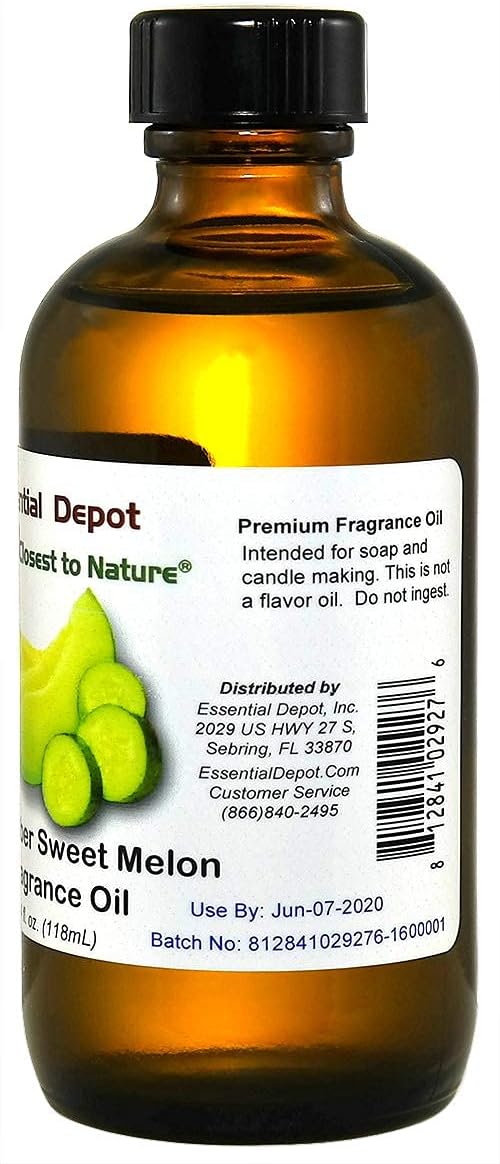 Aceite de fragancia de melón dulce de pepino, 4 onzas, suministrado en botella de vidrio ámbar de 4 onzas con forro de cono fenólico negro y tapa