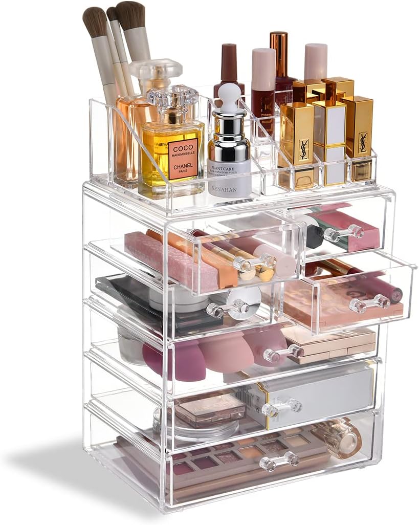 Organizador de maquillaje transparente con soporte para pinceles, gran exhibición de cosméticos de acrílico y organizador de maquillaje y