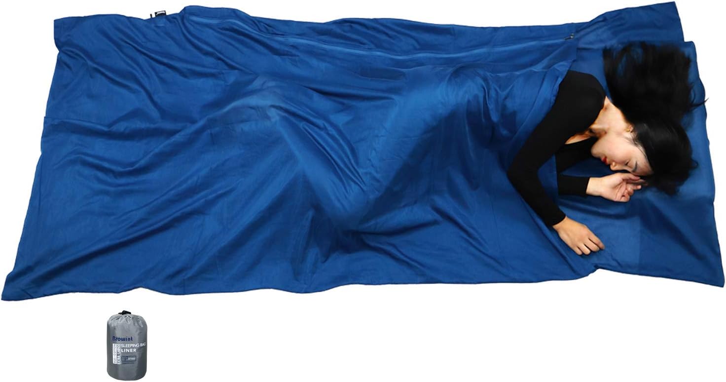 Browint Sábana de viaje de sedaalgodón con cremalleras dobles, saco de dormir extra ancho de 87 x 43 pulgadas para hoteles, forro ligero para saco