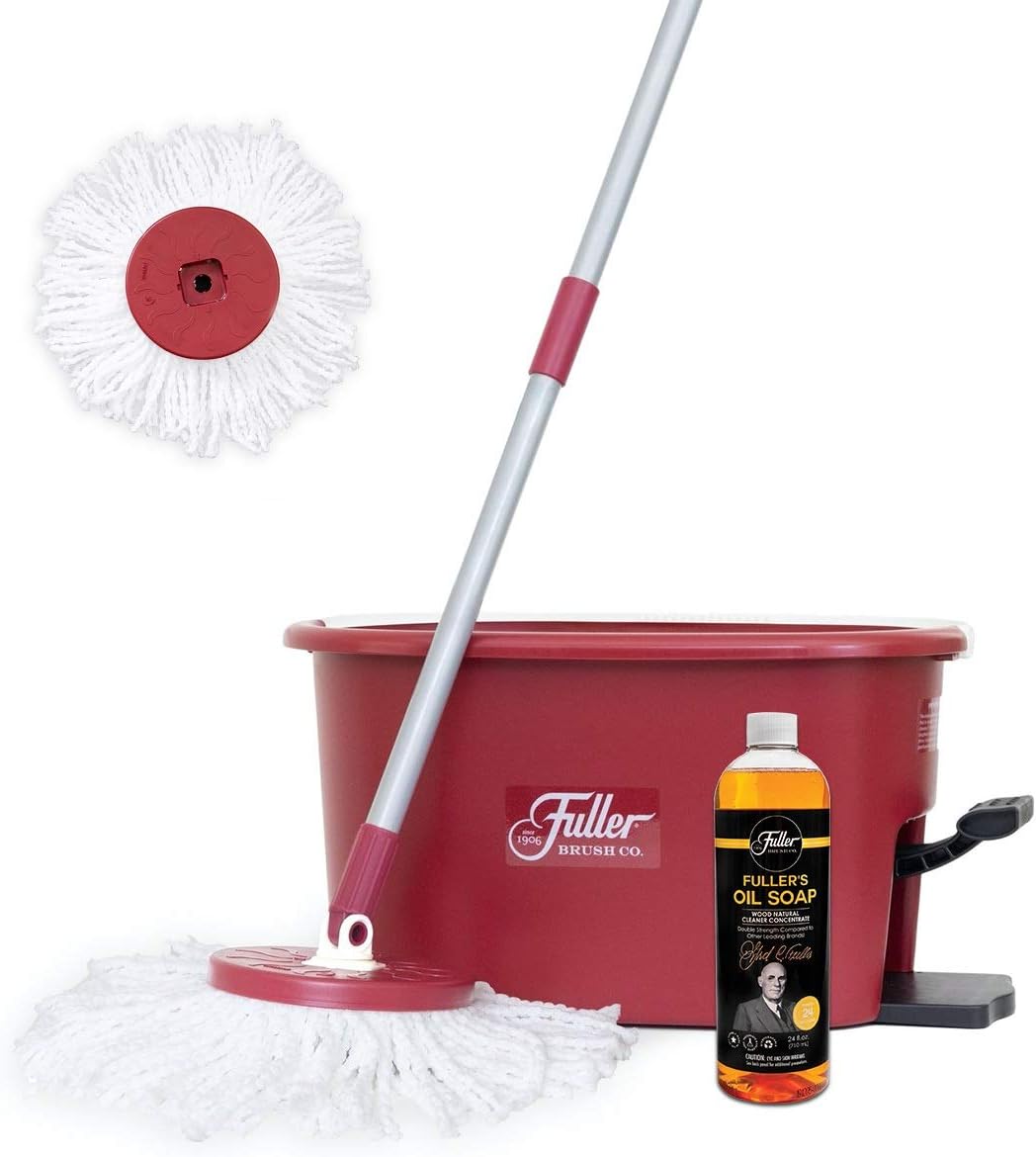 Fuller Brush Sistema de cubo de fregona giratoria, fácil de escurrir, giro de 360, limpieza de suelos sin rayas, 2 cabezales de fregona de