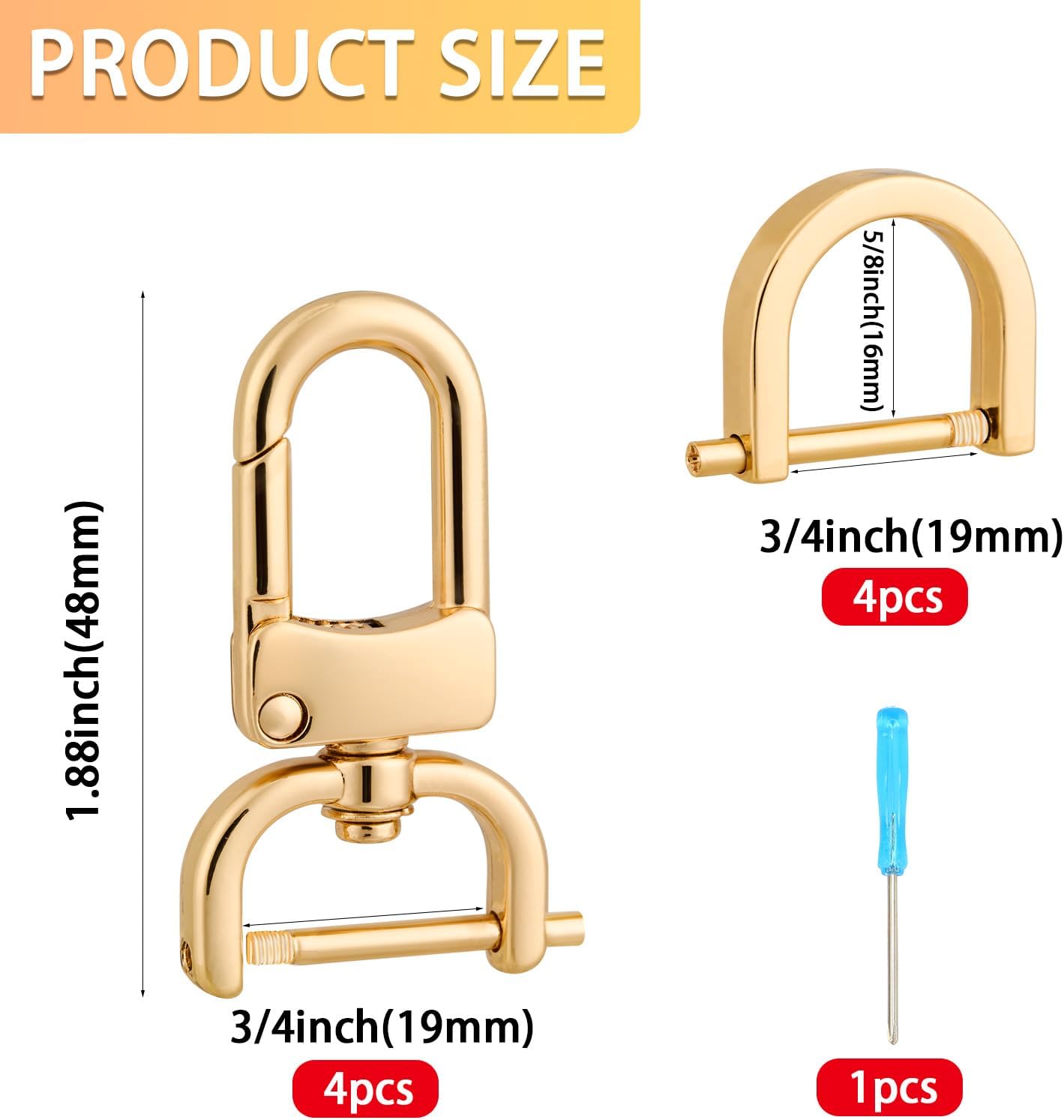 4 piezas de cierre giratorio de gancho desmontable con 4 anillos en D atornillados para reemplazo de correa de bolso de bricolaje (dorado, 34