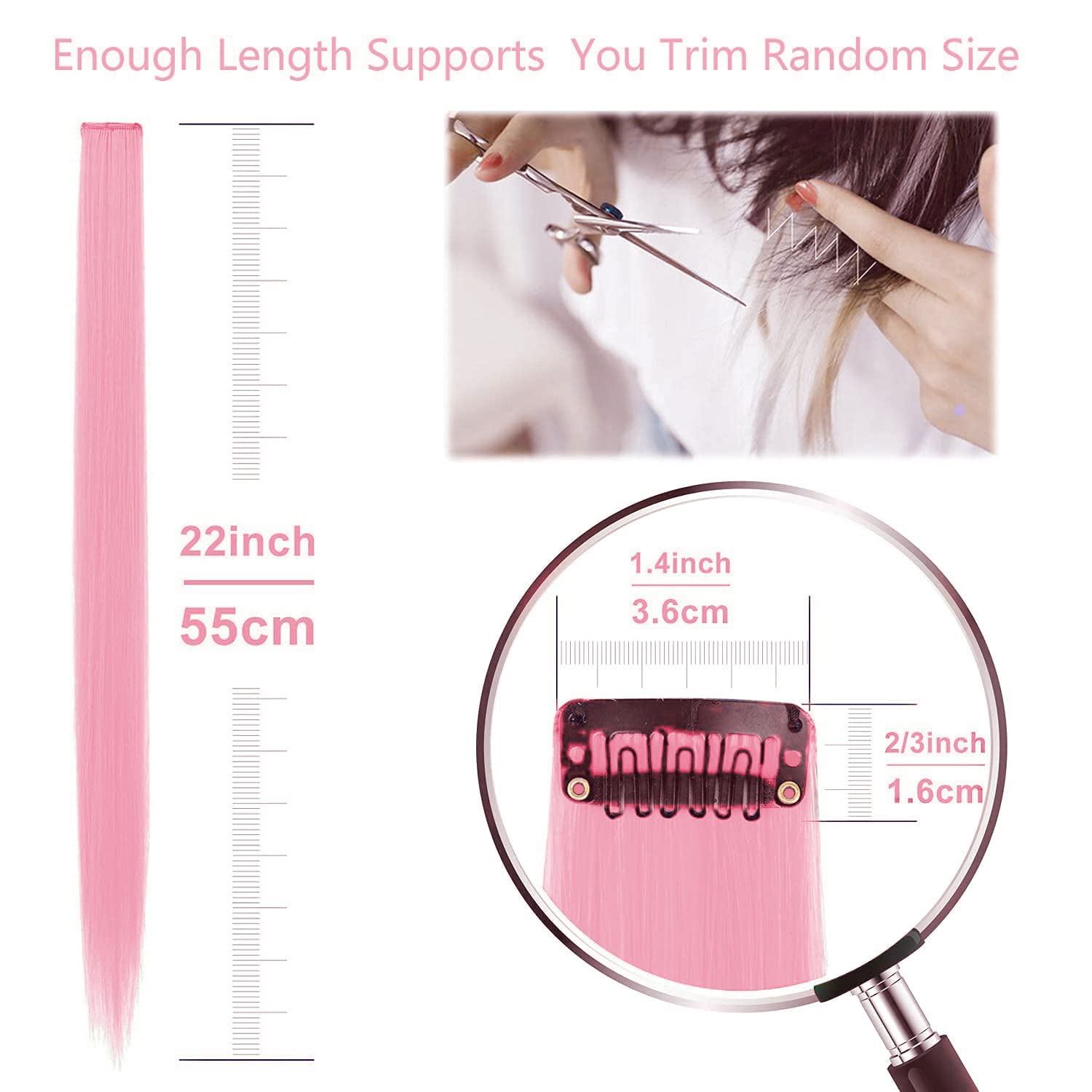 12 extensiones de cabello rosa con clip, extensiones de colores para fiestas de niños y niñas, extensión de pelo sintético lacio de 22 pulgadas,