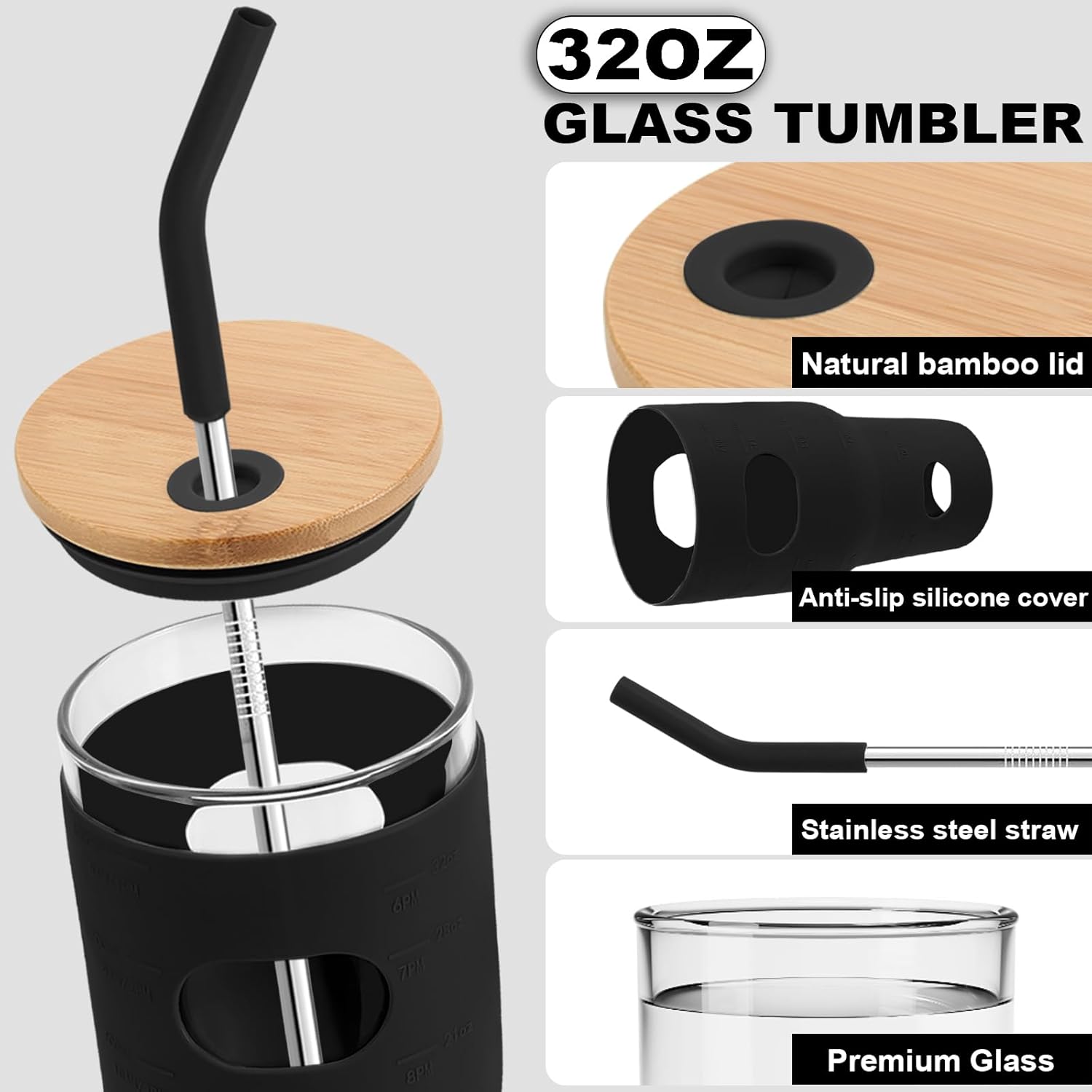 YULEER Vaso de agua de vidrio de 32 onzas con popotes y tapas, paquete de 2 vasos de boca ancha para batidos con funda protectora de silicona sin