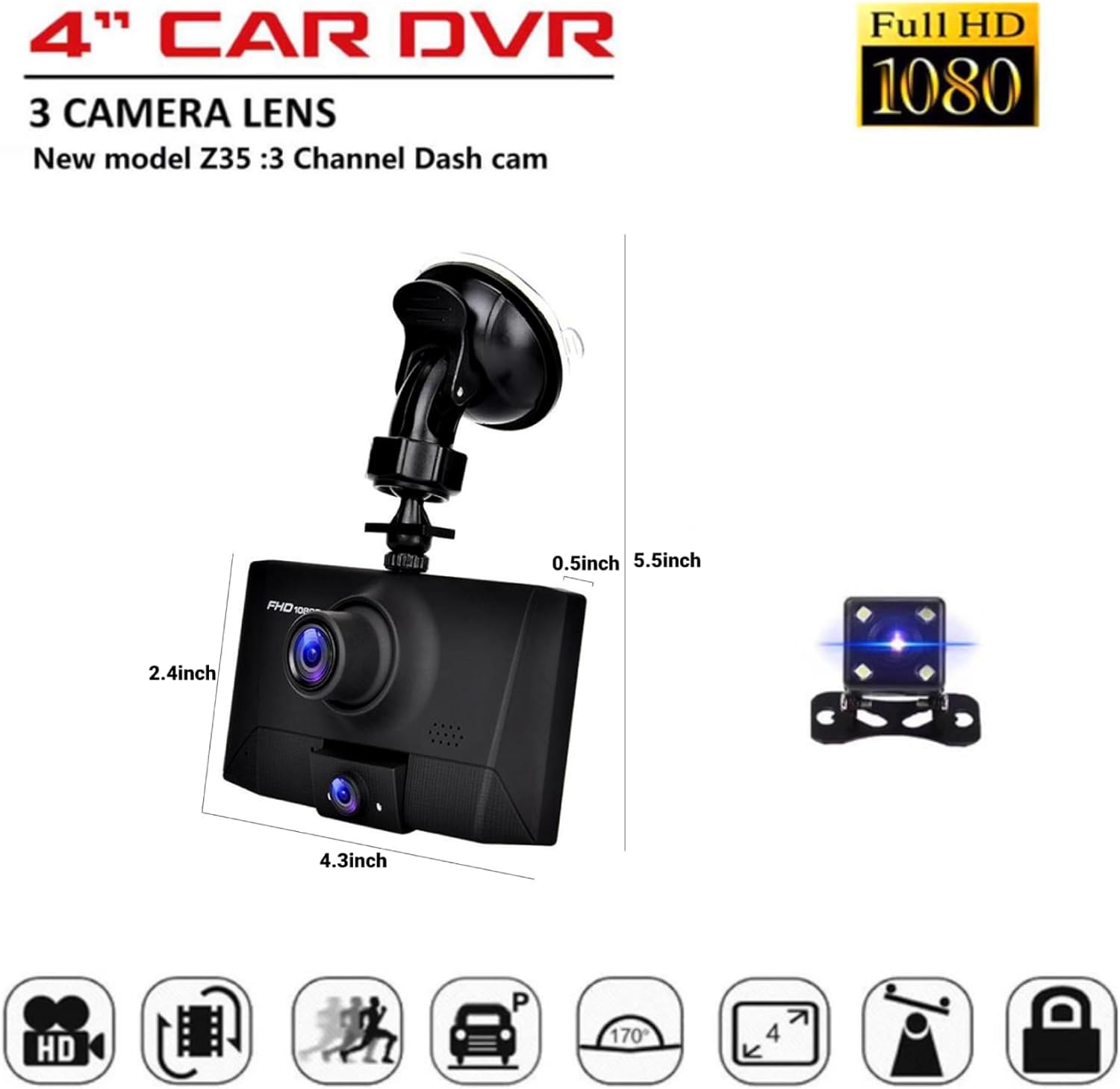 Cámara de tablero de 3 canales frontal y trasera en el interior, cámara de tablero Full HD para automóviles, grabadora de cámara IPS de 4 pulgadas,