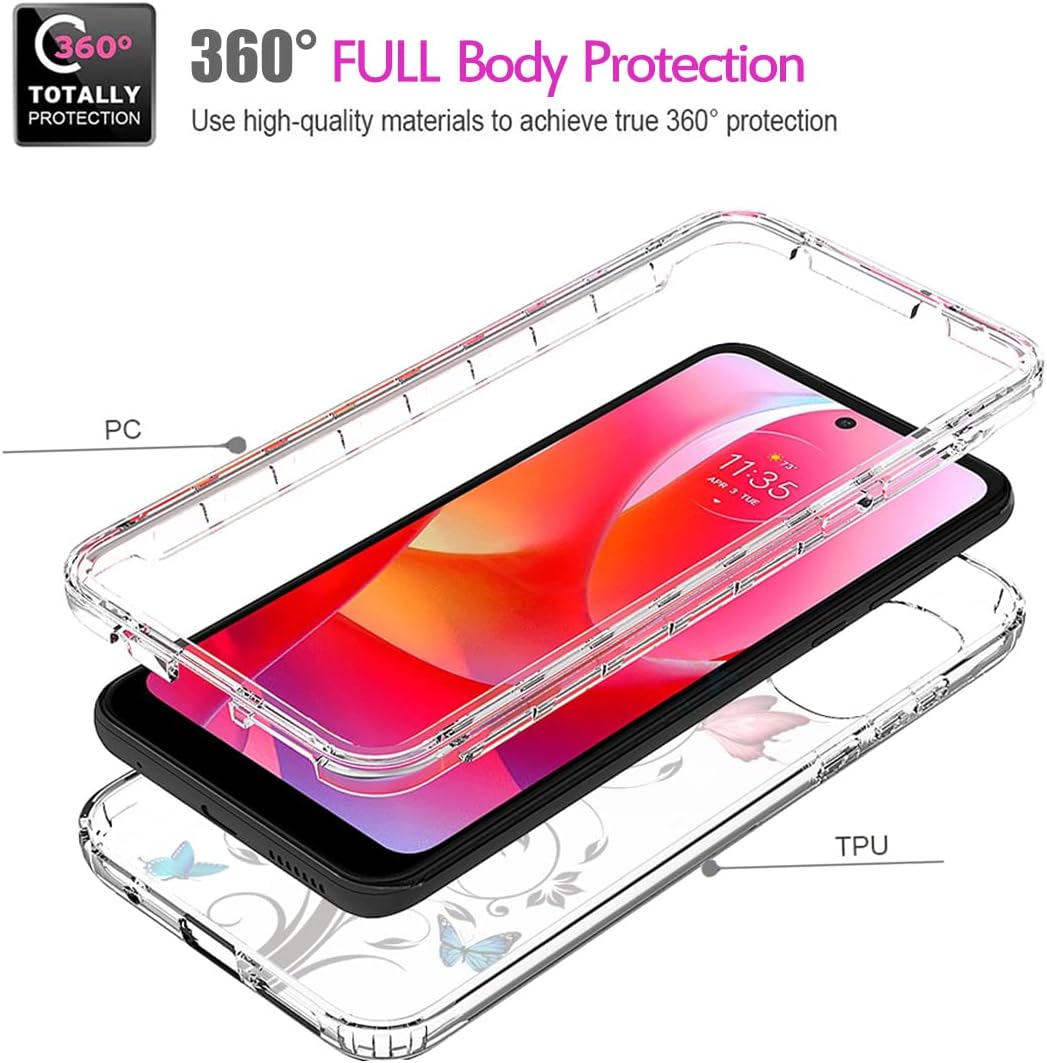 Funda para Moto G Power 2022, XT2165DL con protector de pantalla de vidrio templado, cuerpo completo transparente con protección floral para